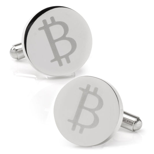 Silver cufflinks with Bitcoin symbol on a white background
