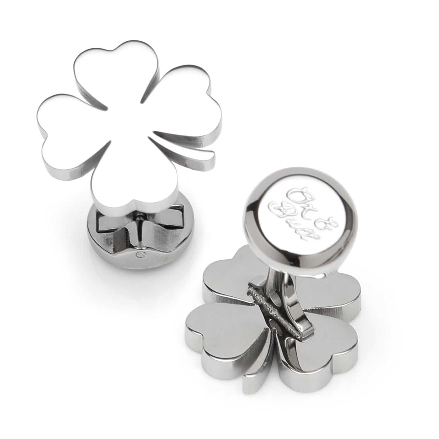 Silver four-leaf clover cufflinks on a white background