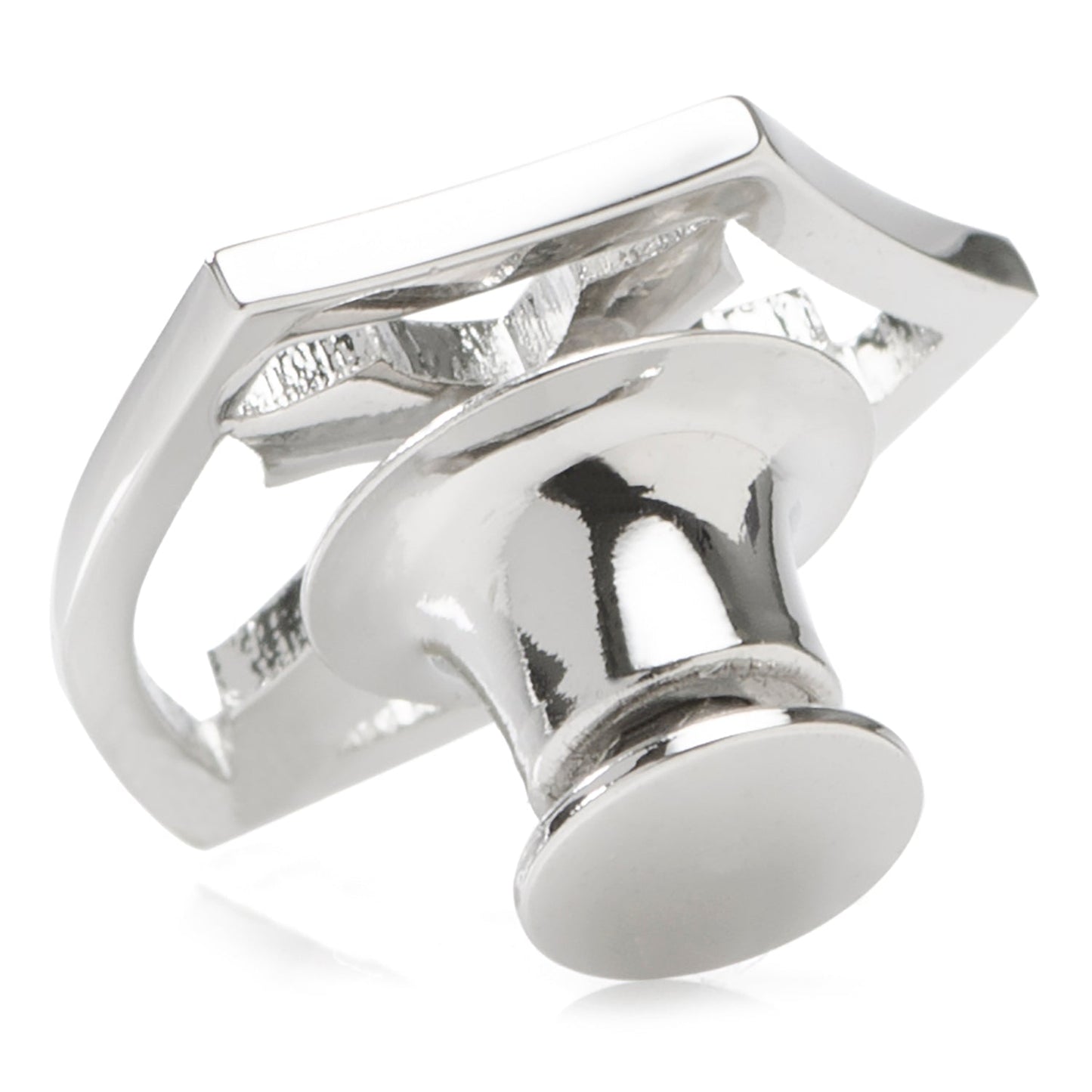 Silver ring with a geometric design on a white background