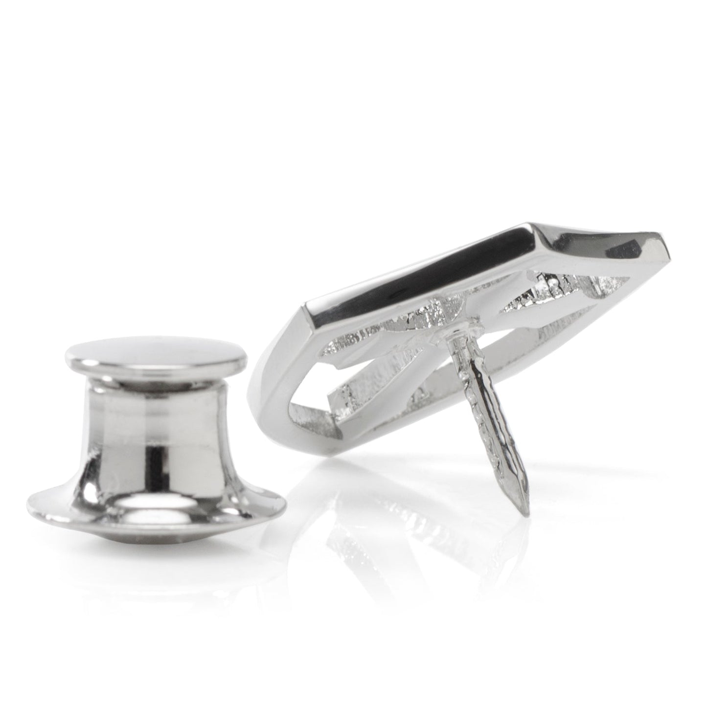 Silver cufflinks with a unique design on a white background