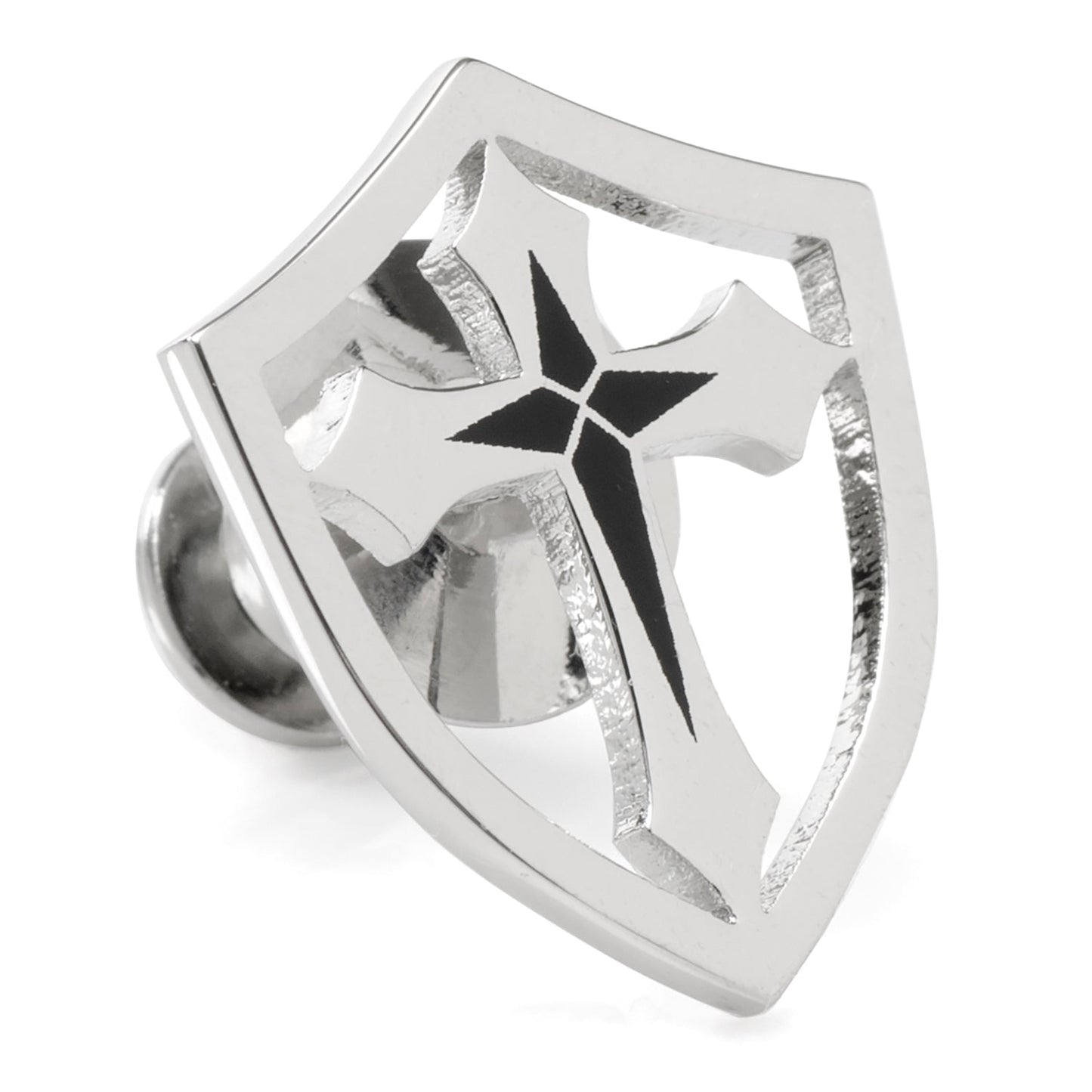 Silver-colored metal badge with a central black star design on a white background