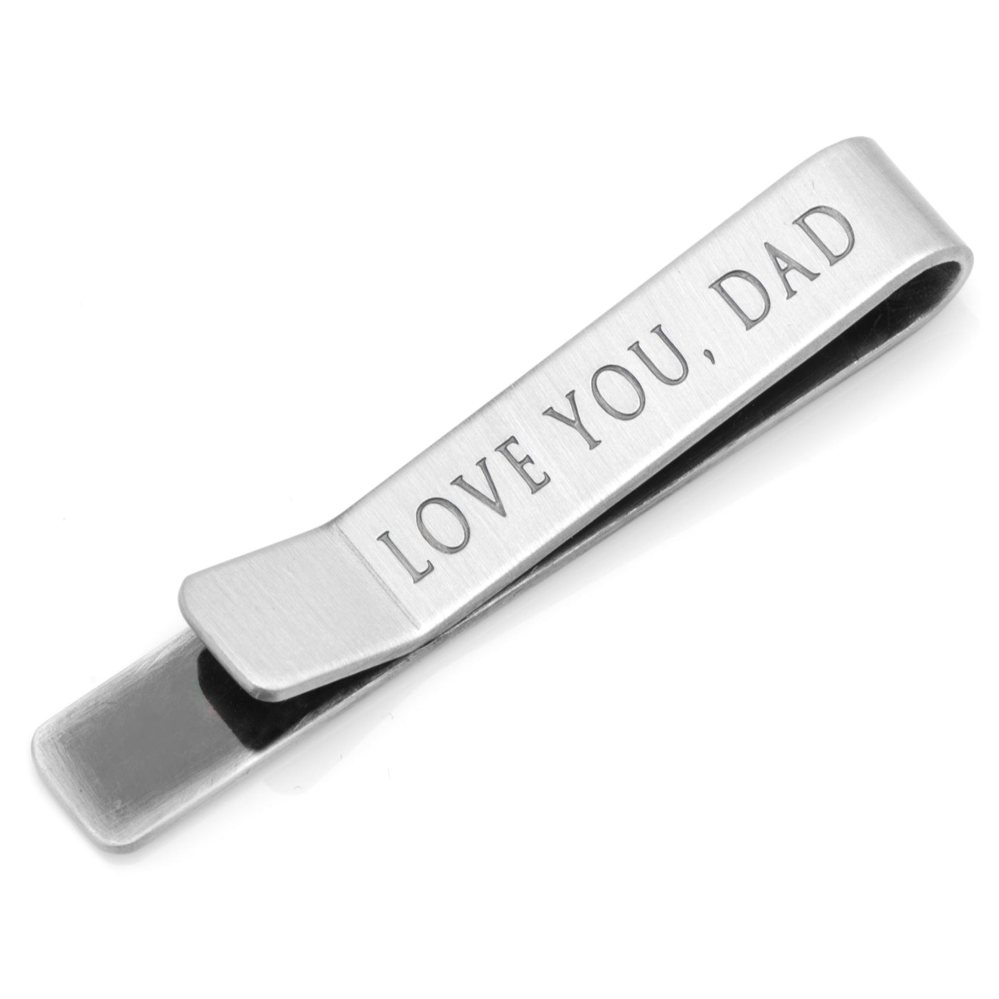 Silver tie clip with 'LOVE YOU, DAD' engraving on a white background