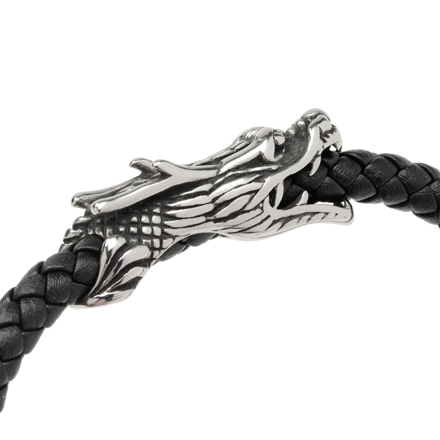 Dragon Head Braided Black Leather Bracelet with Magnetic Closure