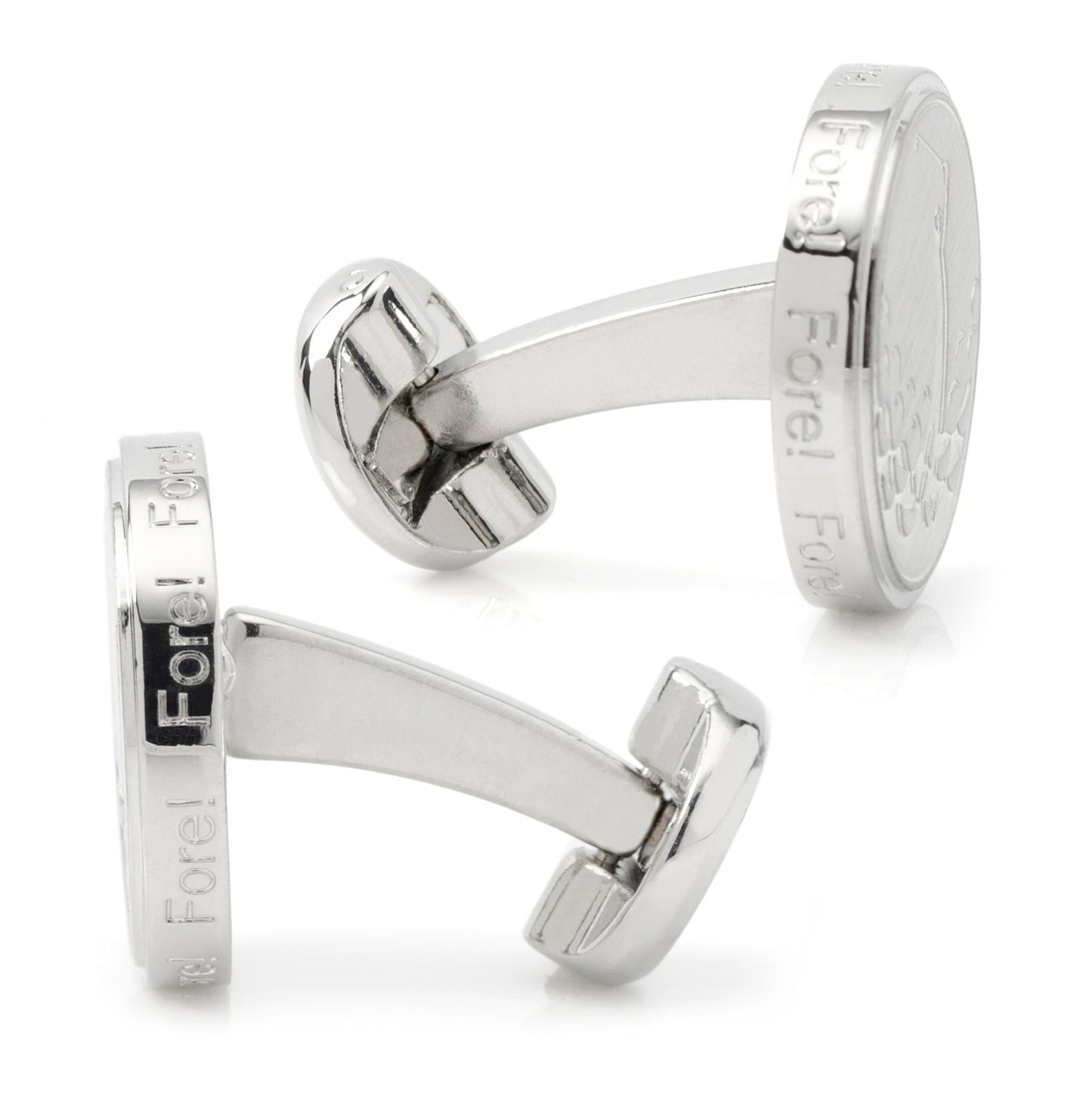 Silver cufflinks with 'Fore!' engraving on a white background