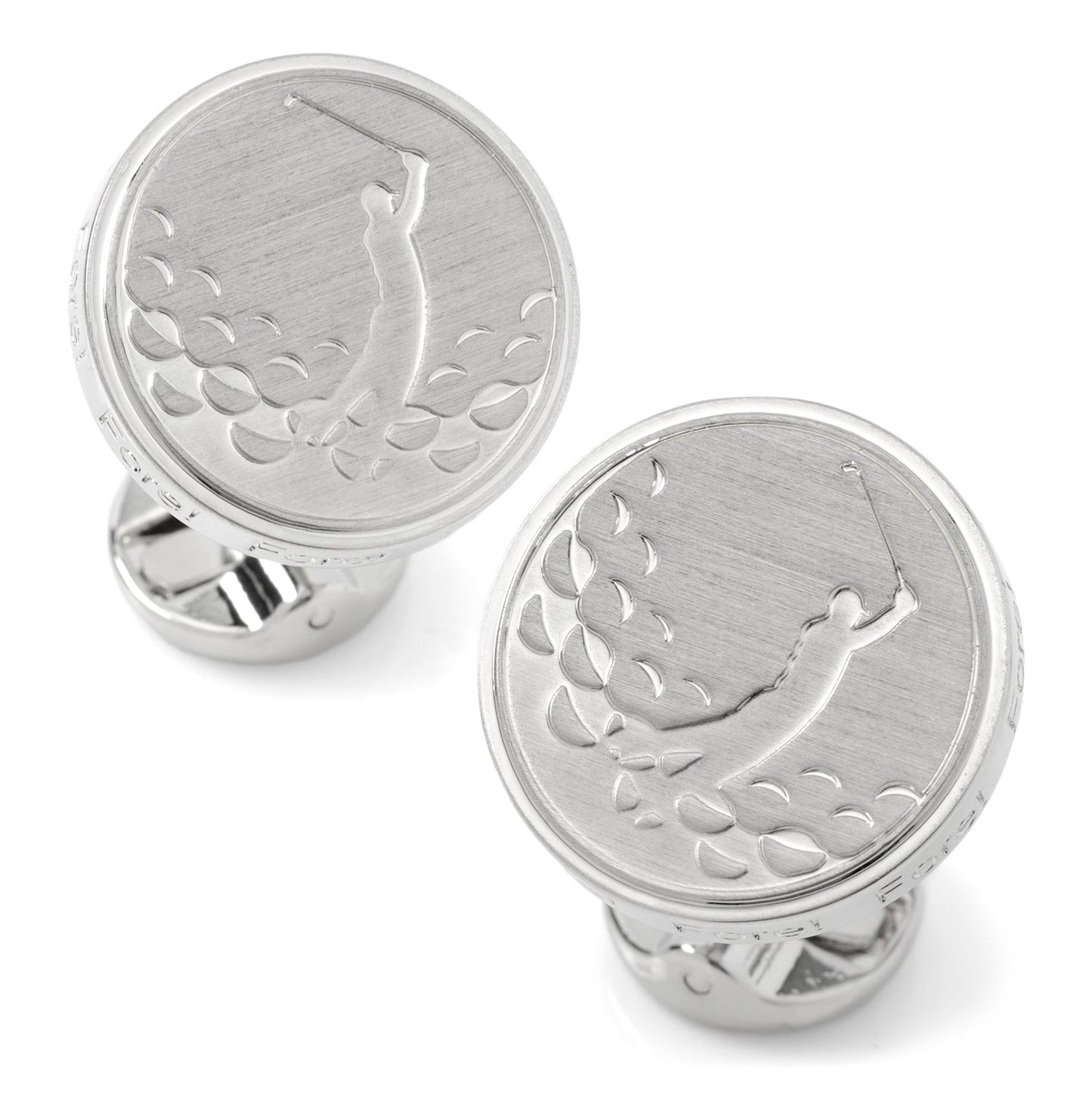 Silver cufflinks with a detailed design on a white background Golf Fore Silver Cufflinks