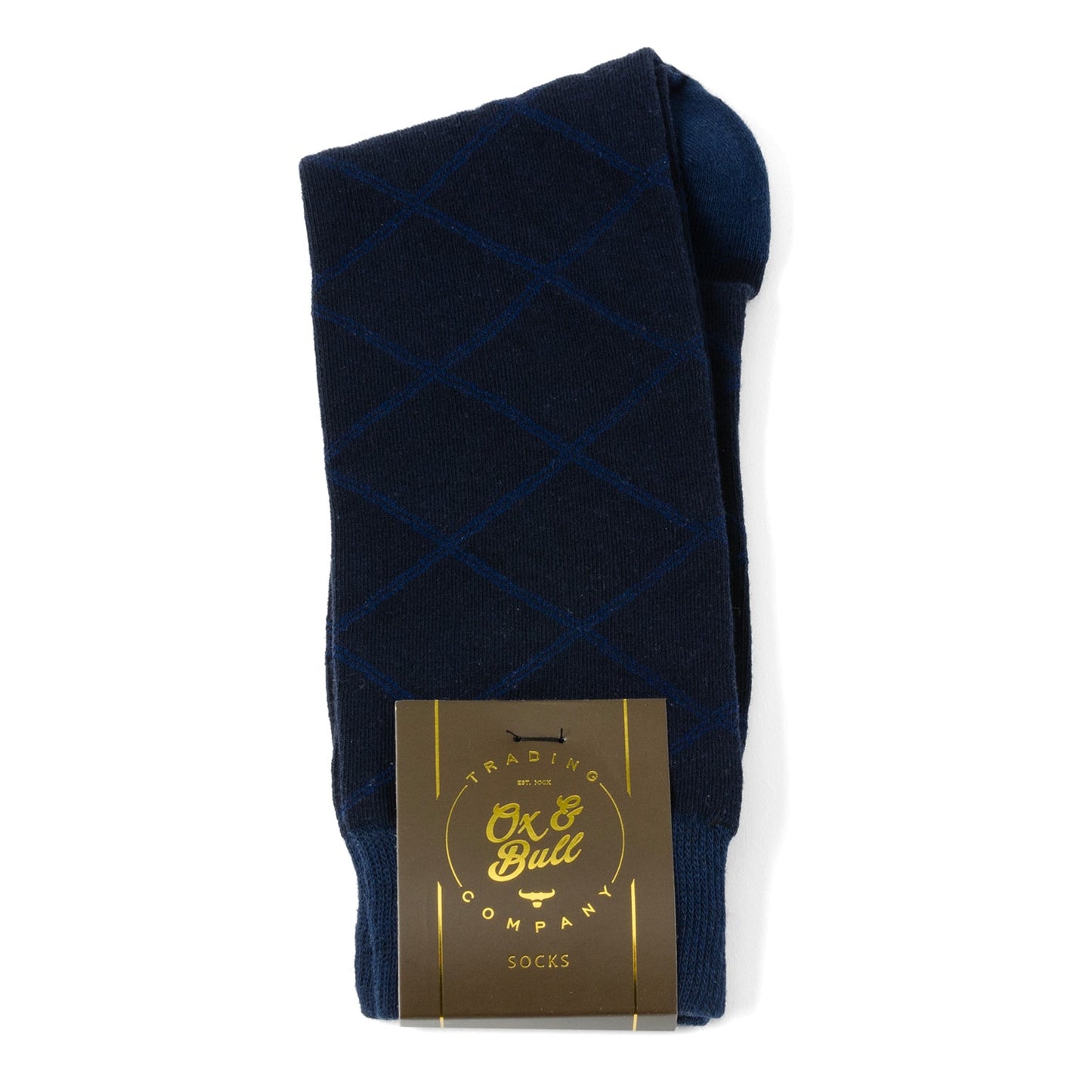 Navy blue patterned sock with a gold label on a white background