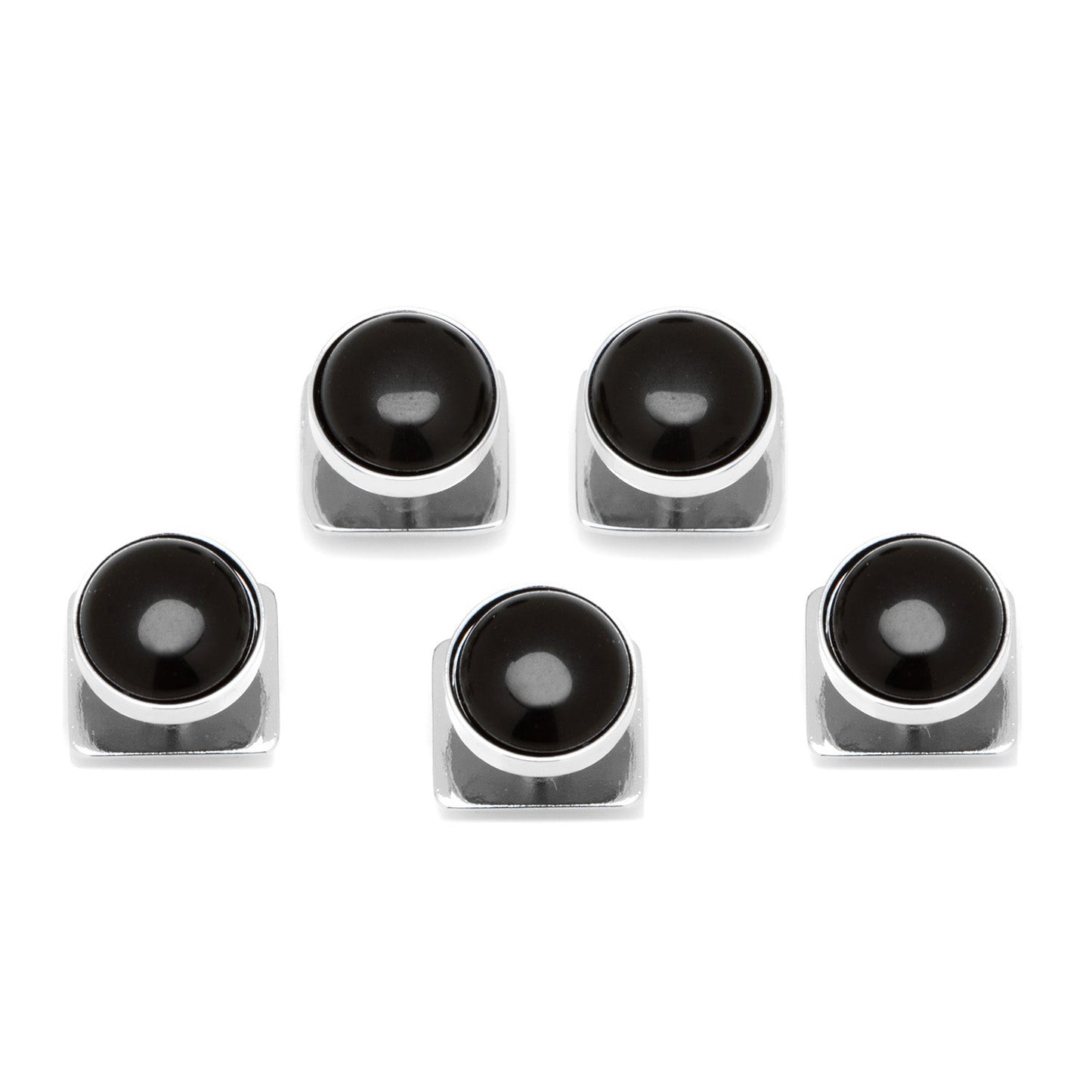 Set of six black and silver round objects on a white background