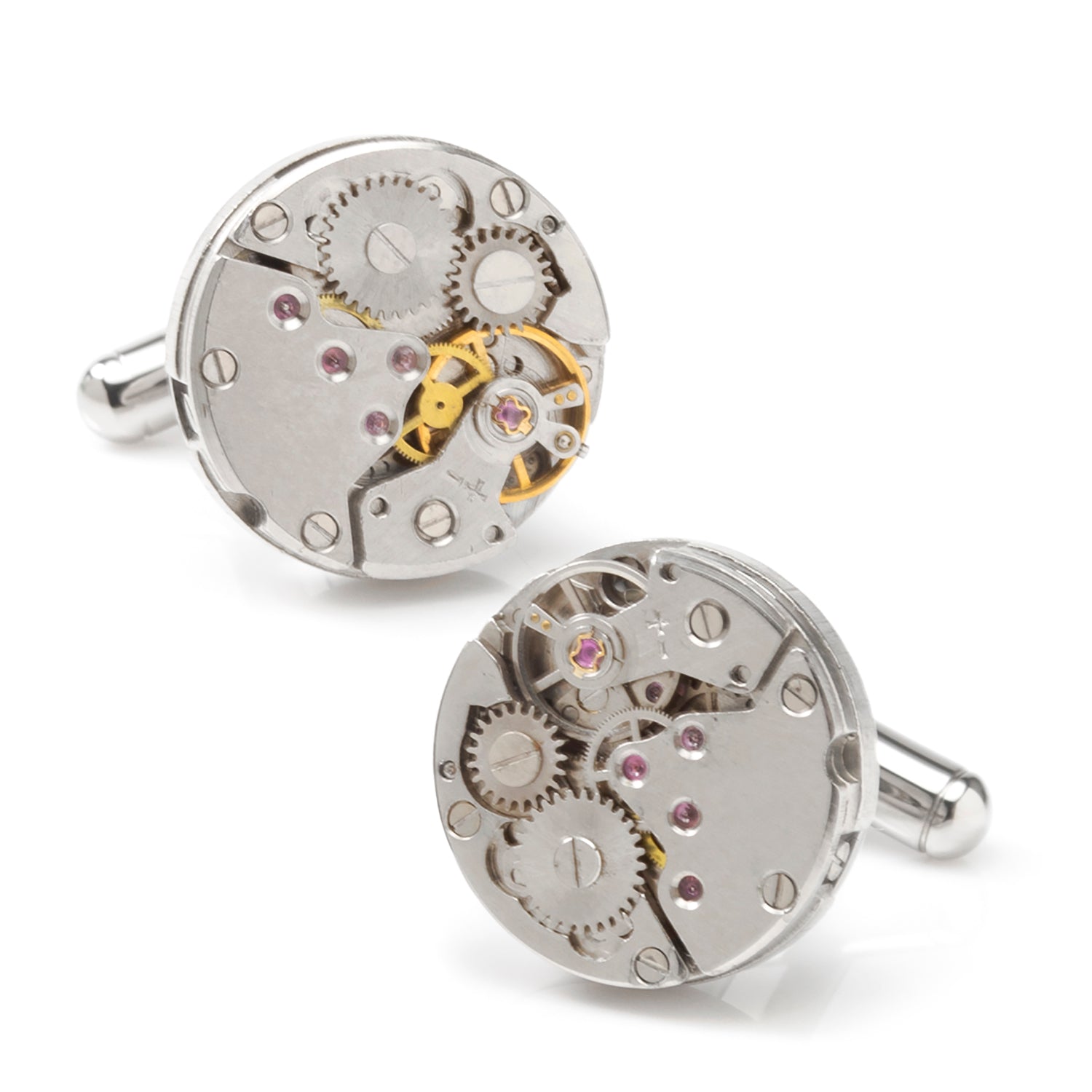 Two silver cufflinks with intricate mechanical designs on a white background