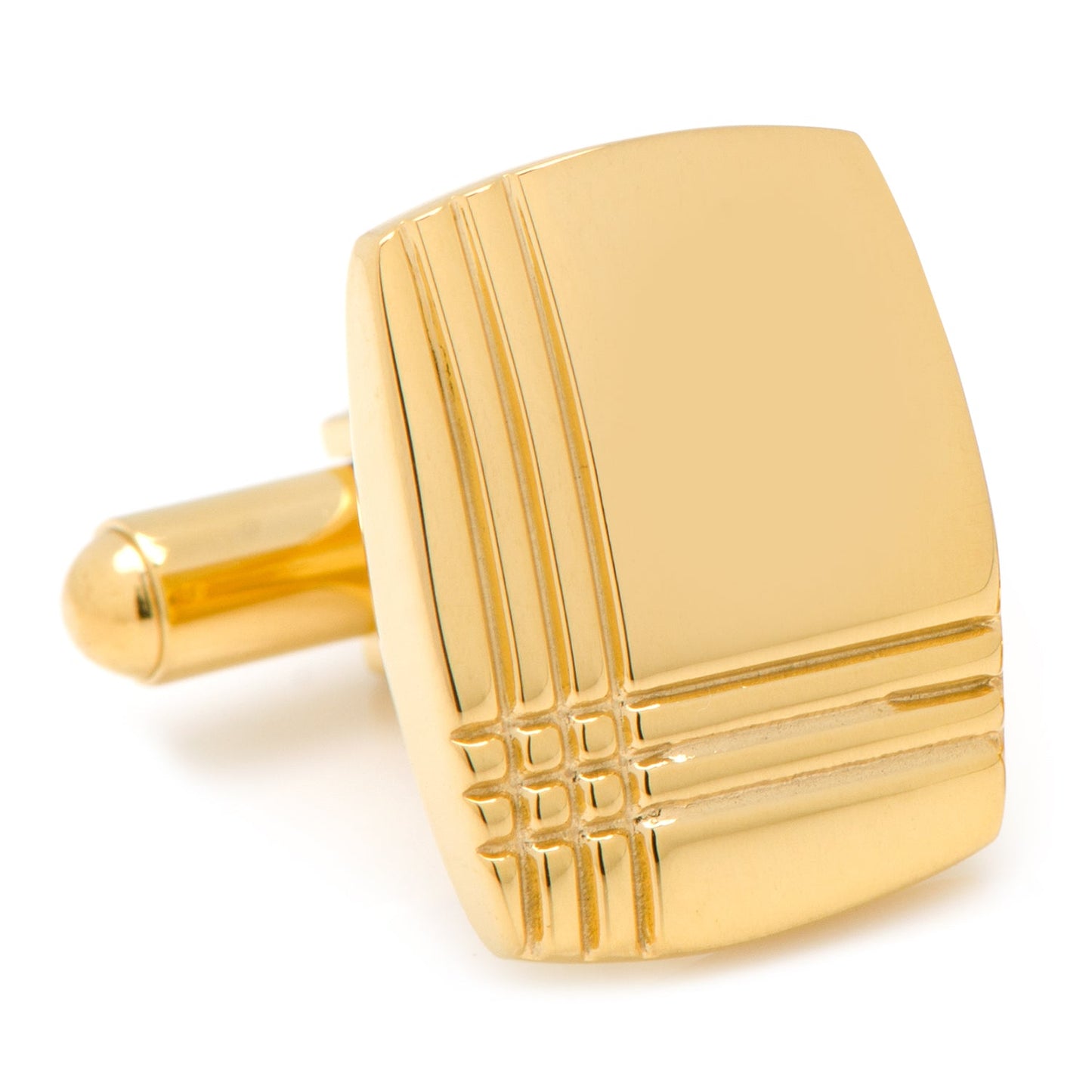 Gold cufflink with textured design on a white background