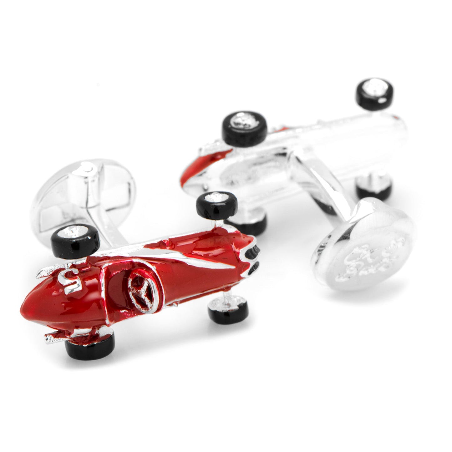 Red and silver car-shaped cufflinks on a white background