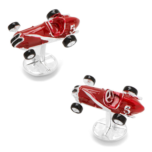 Red race car cufflinks on a white background