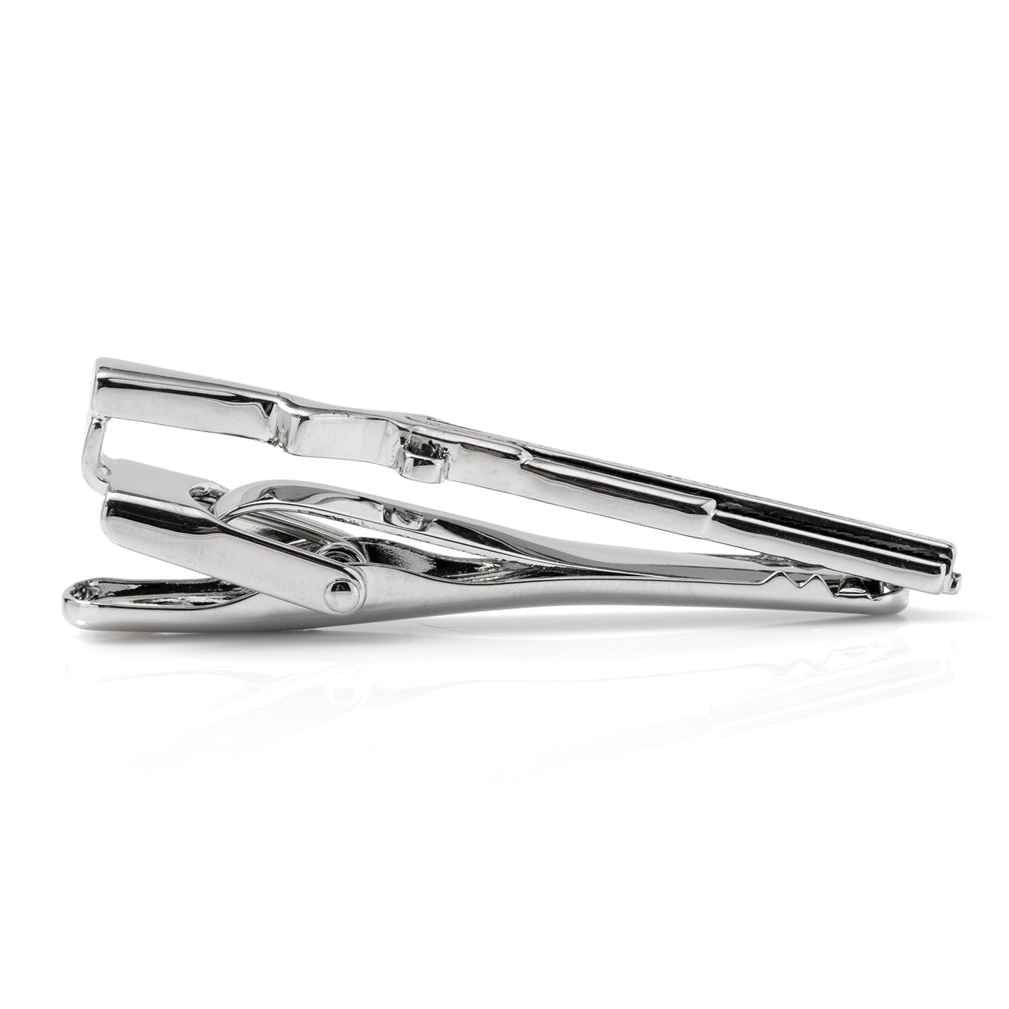 Silver tie clip on a white background