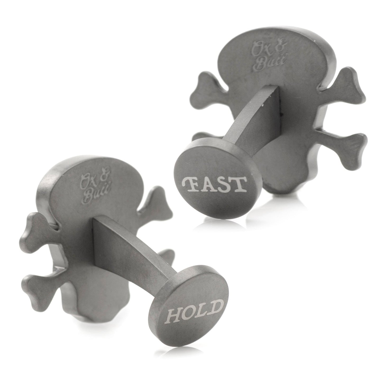 Two gray metal wall hooks with 'Ox & Bull' branding and text on a white background
