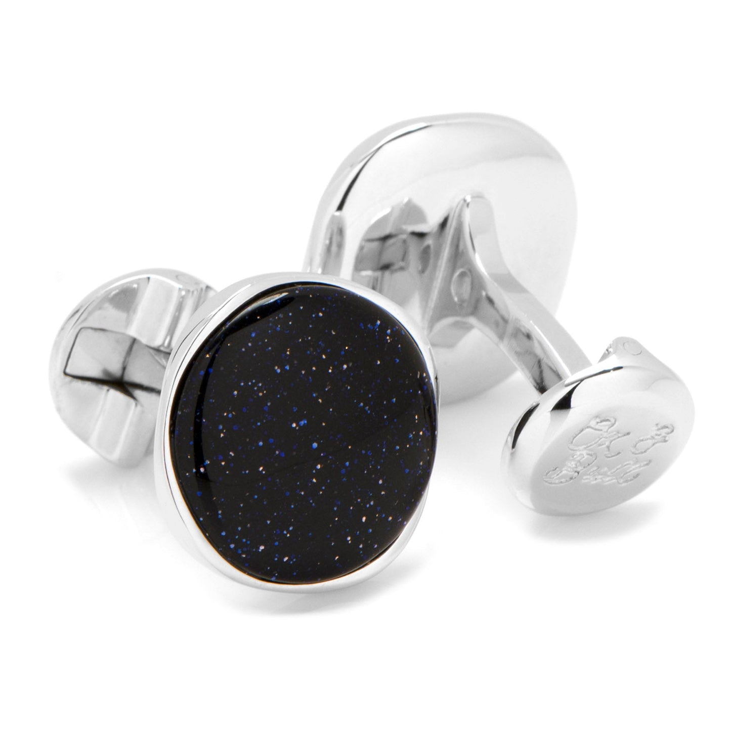 Silver cufflinks with a black stone on a white background