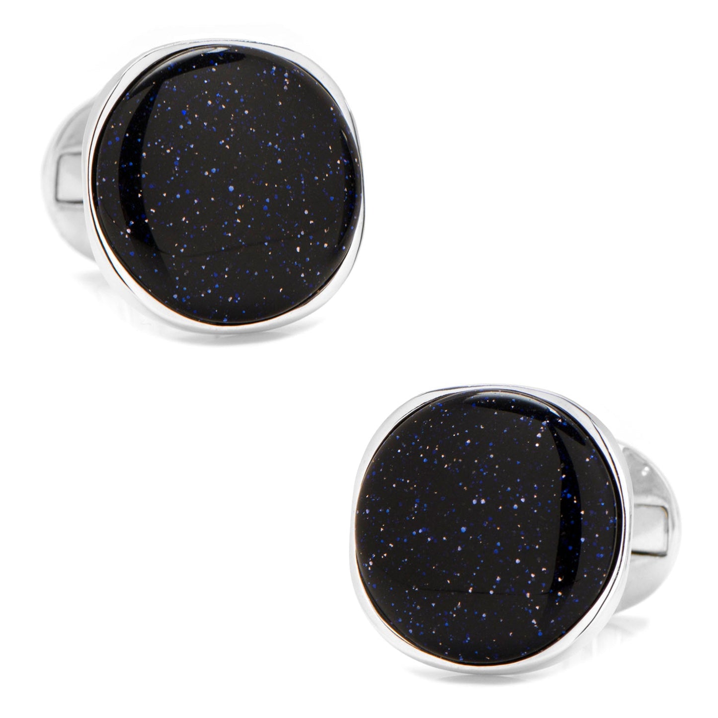 Round cufflinks with black stone center and silver metal frame on a white background
