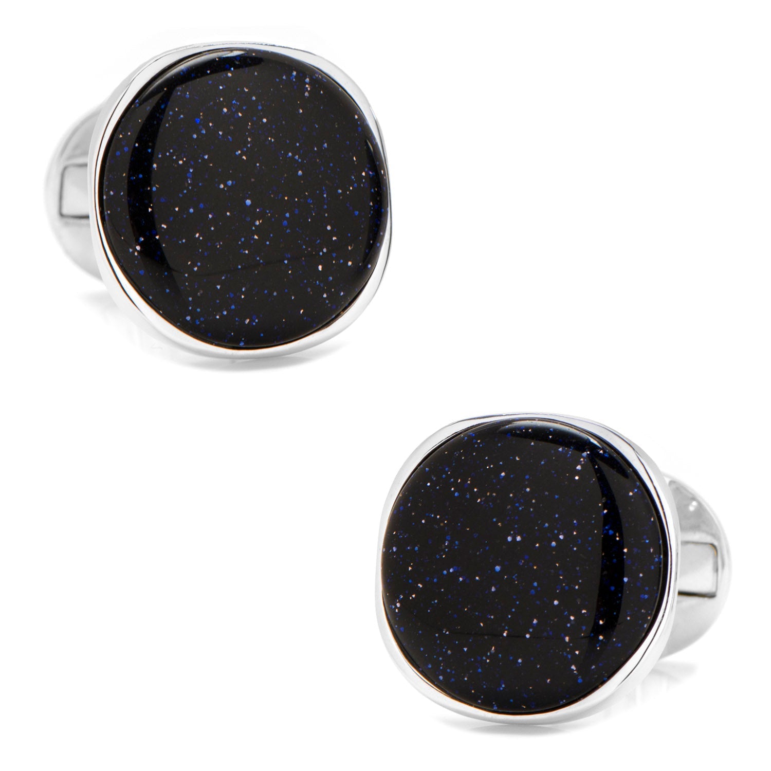 Round cufflinks with black stone center and silver metal frame on a white background