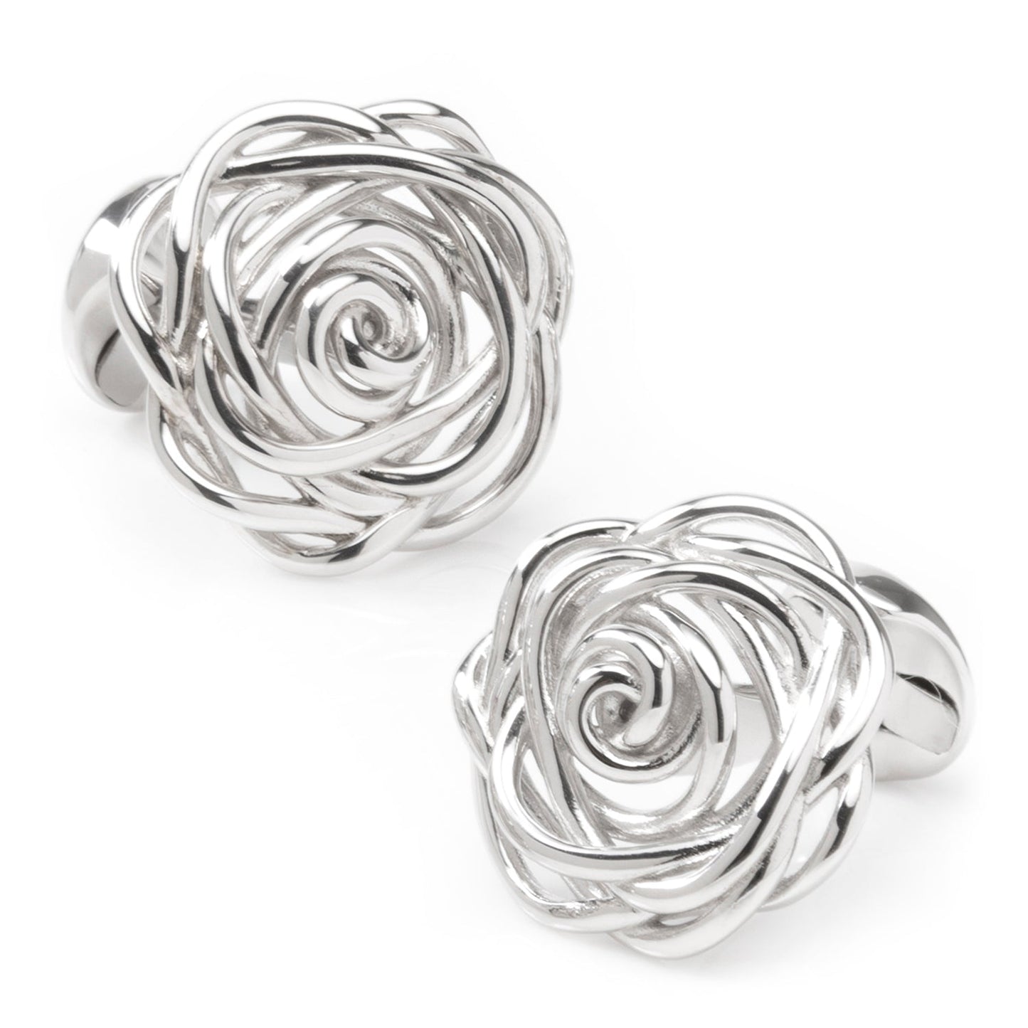 Silver rose-shaped cufflinks on a white background