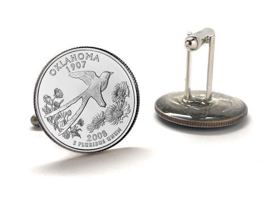 Oklahoma State Quarter Coin Cufflinks Uncirculated U.S. Quarter 2008 Cuff Links Enamel Backing Cufflinks