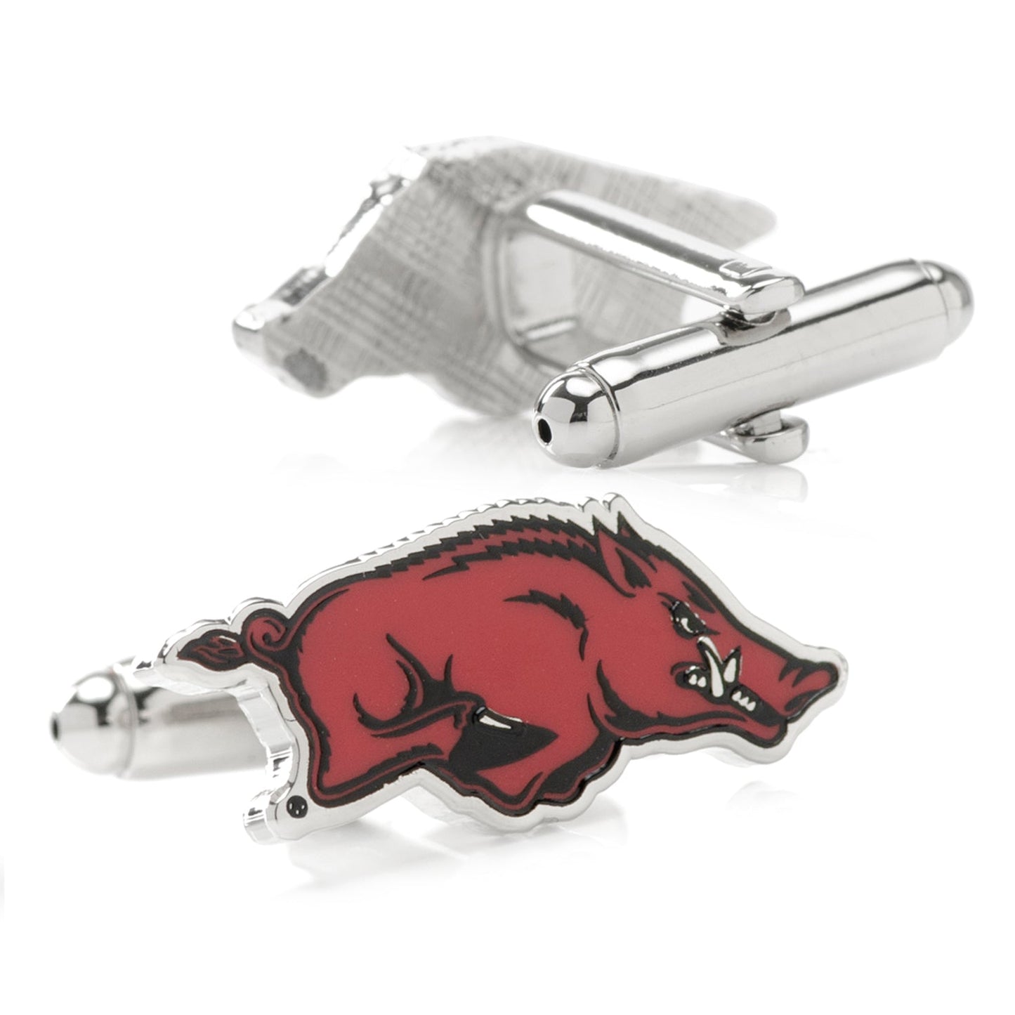 Cufflinks with a red and silver design on a white background