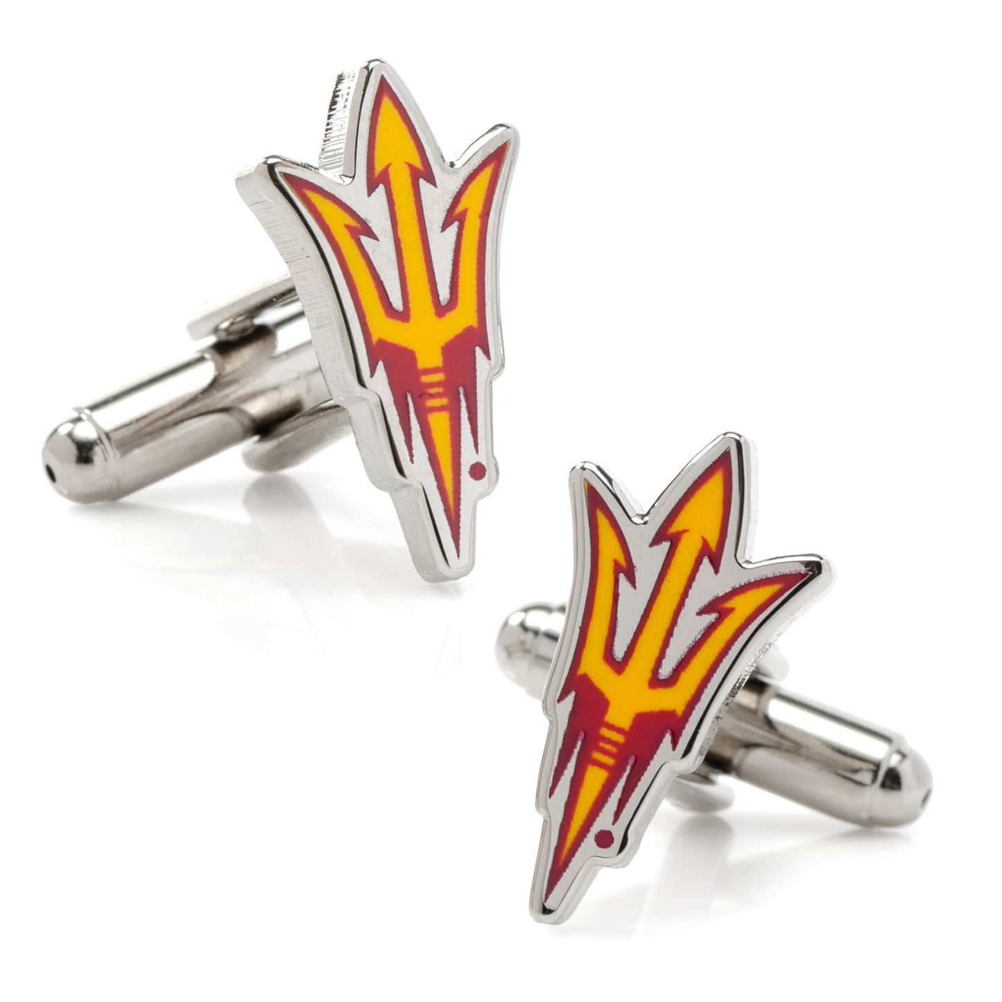 Cufflinks with red and yellow logo on a white background