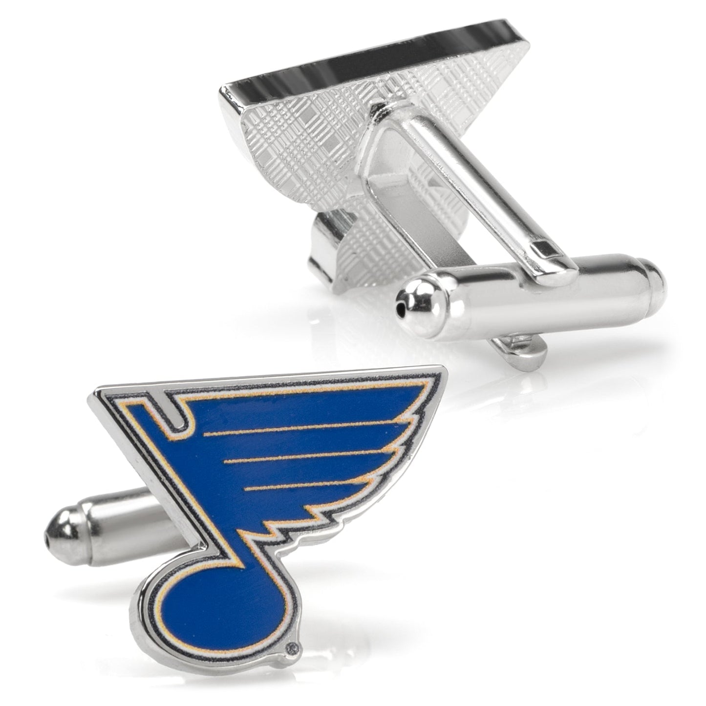 Cufflinks with a blue and gold logo on a white background
