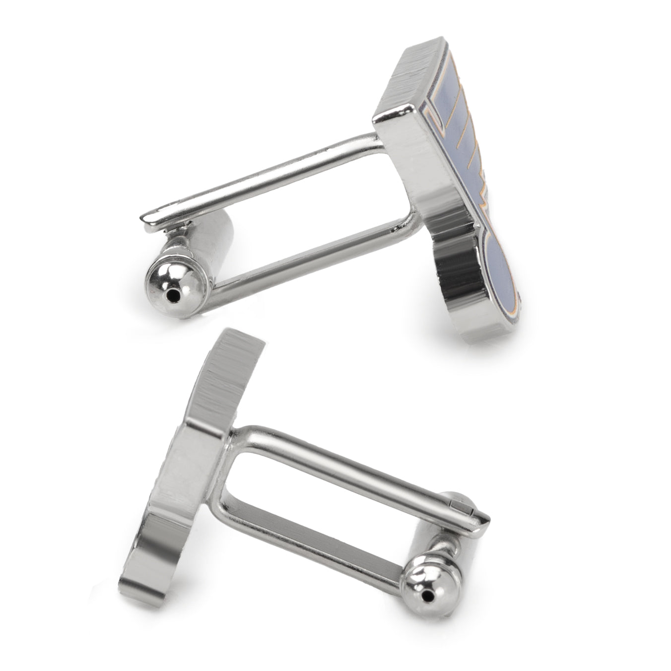 Pair of silver cufflinks on a white background