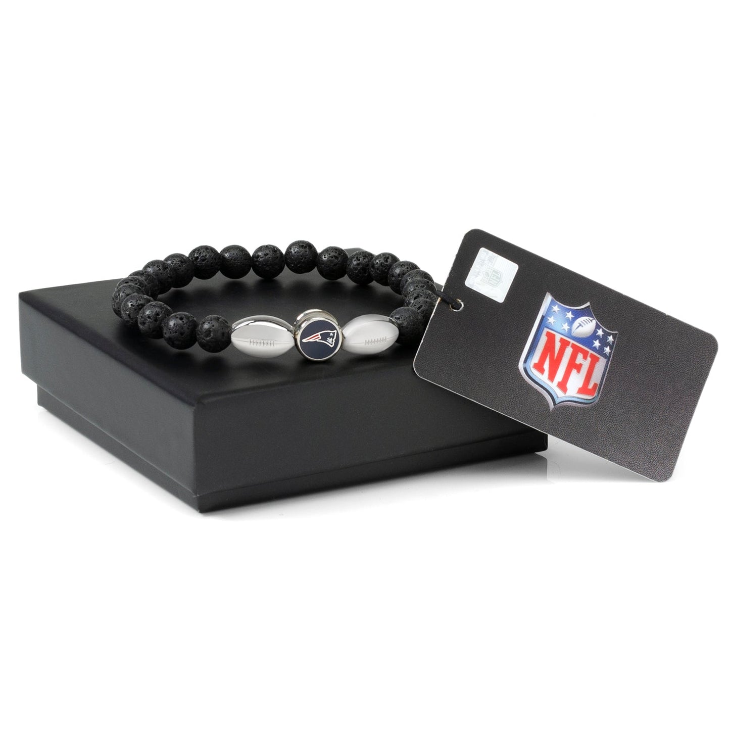 Black beaded bracelet with metal charms in a black box, featuring an NFL logo on a card.