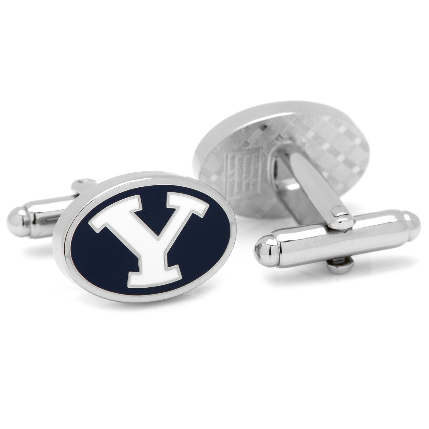 Cufflinks with a navy blue circle and white letter 'Y' on a white background