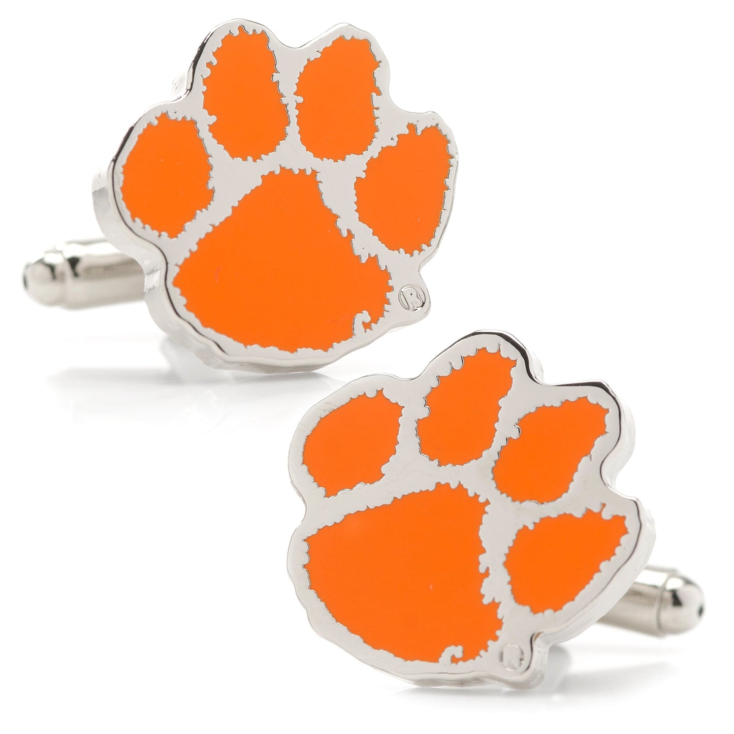 Orange paw print cufflinks with silver borders on a white background NCAA Clemson University Tigers Cufflinks