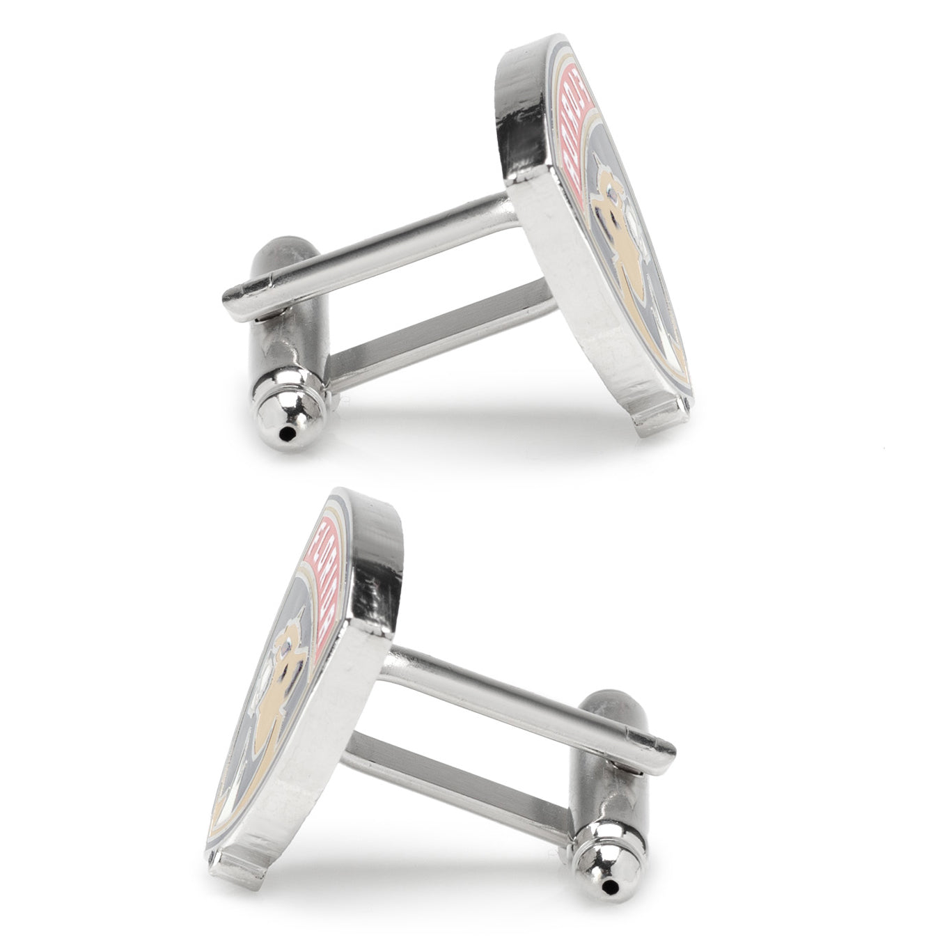 Silver cufflinks with a circular design on a white background