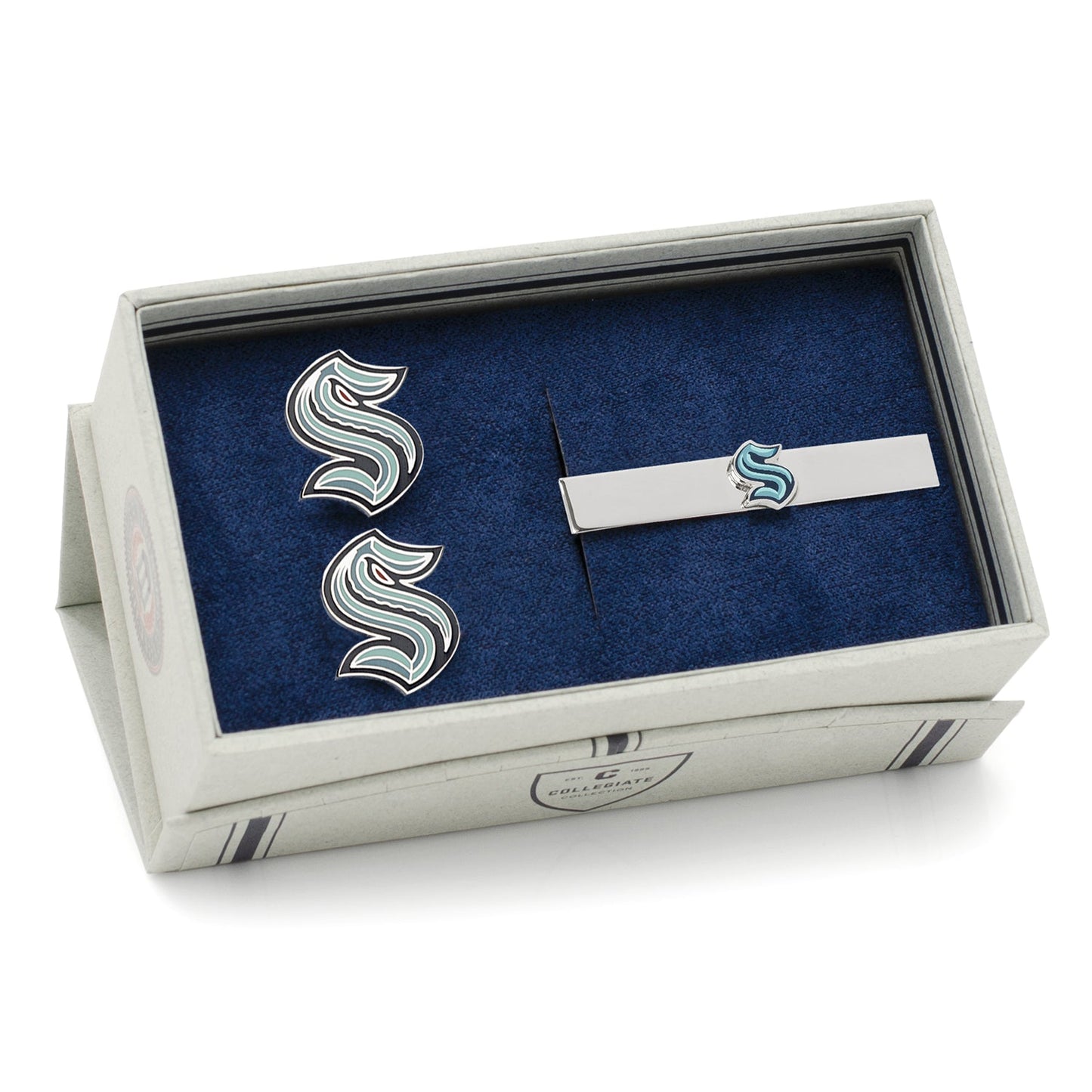 Silver 'S' cufflinks and tie clip set in a branded box on a white background