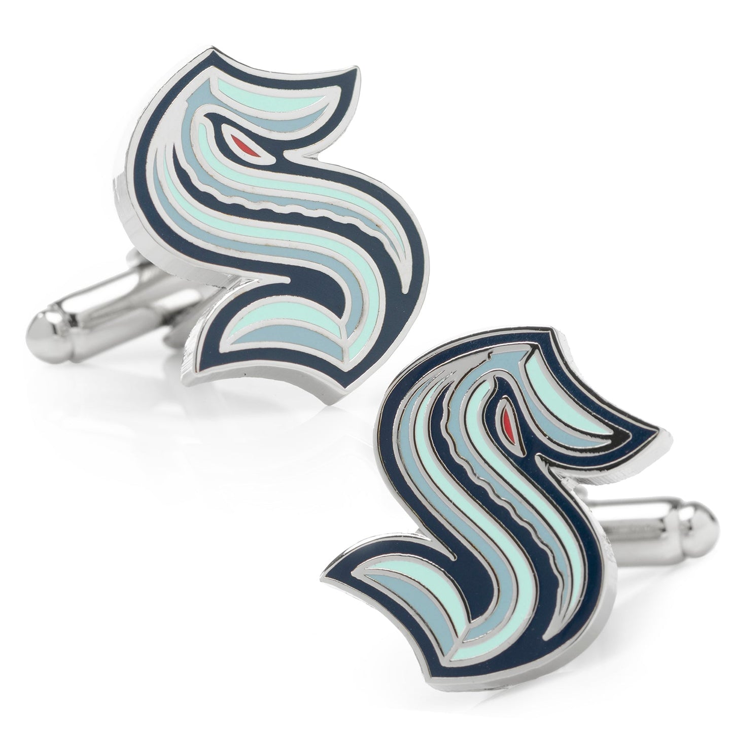 Pair of cufflinks with a blue and silver design on a white background
