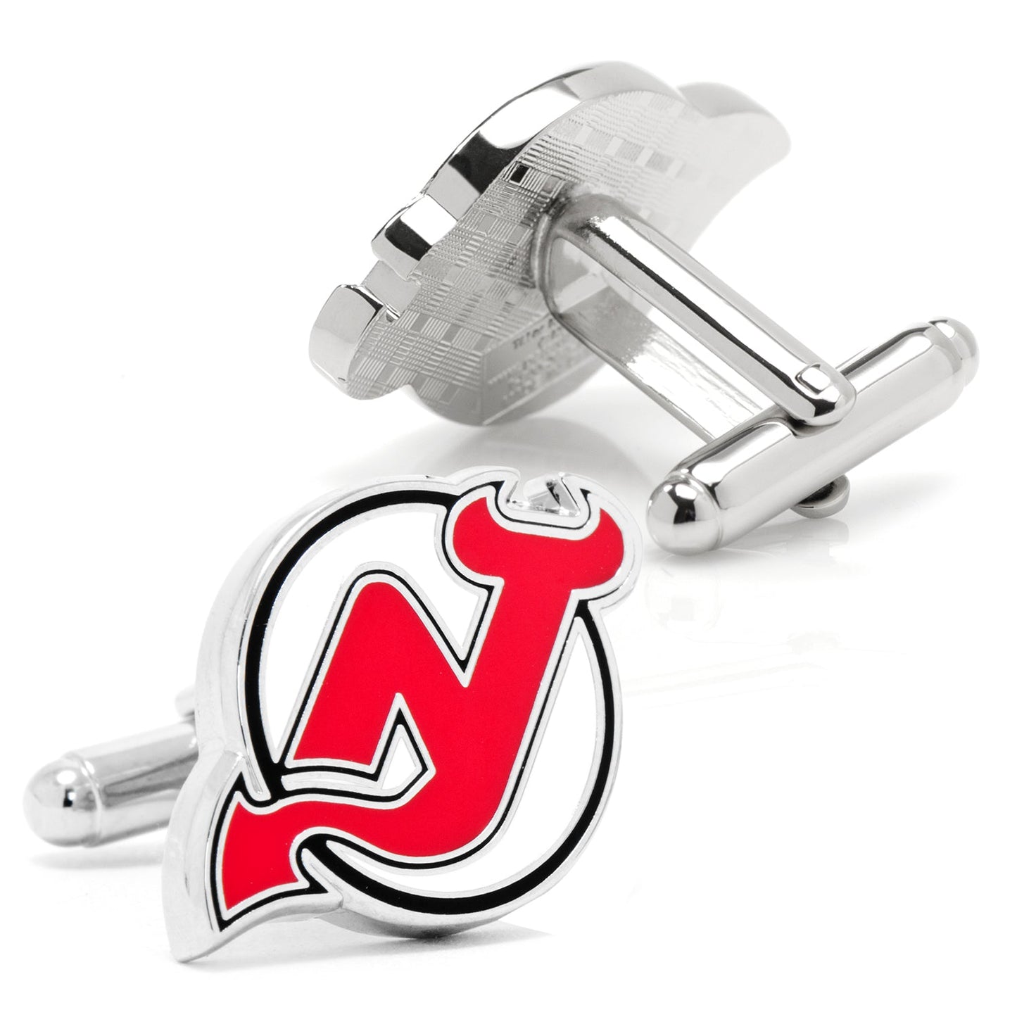 Cufflinks with a red and silver logo on a white background