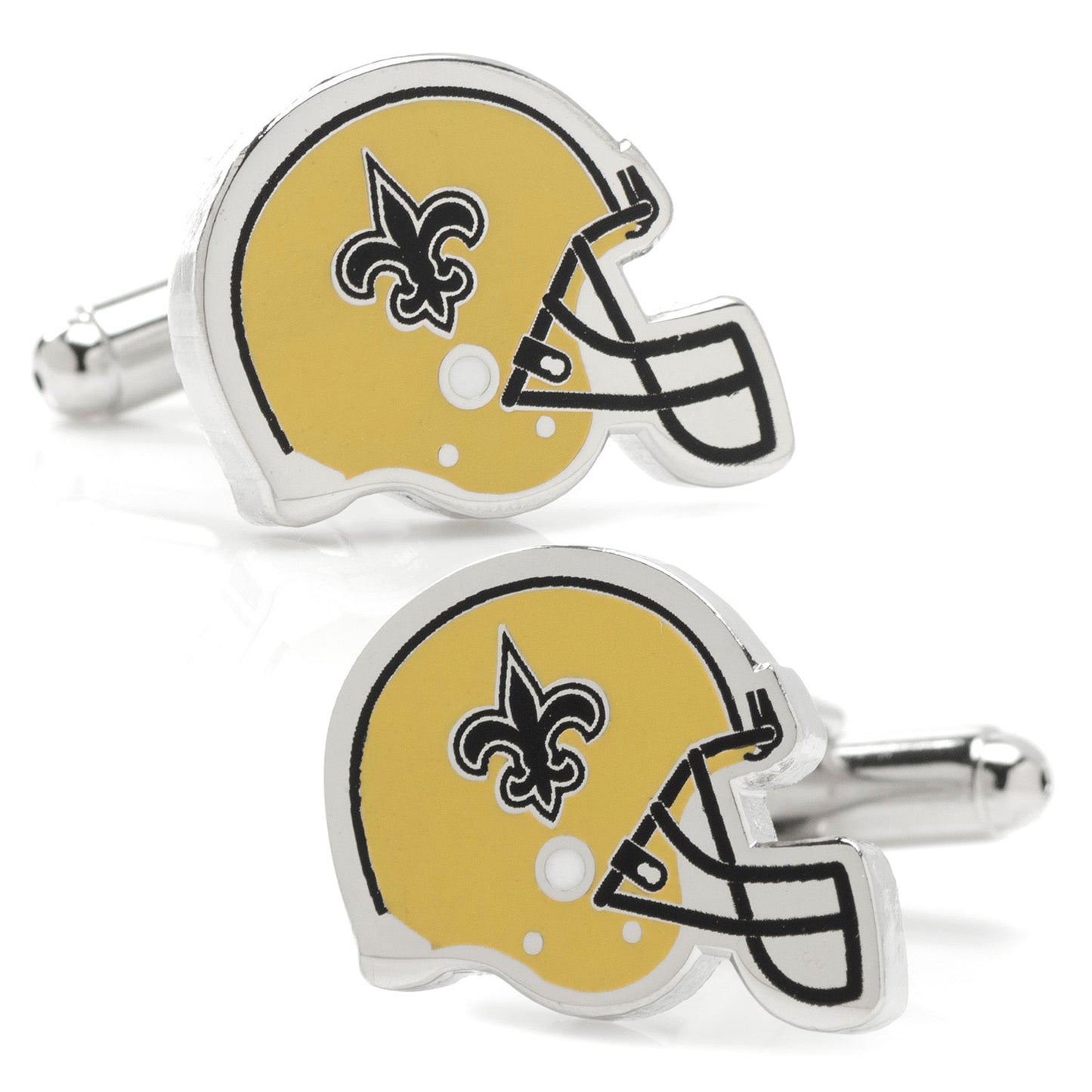 Two yellow and silver helmet-shaped cufflinks with a black logo on a white background