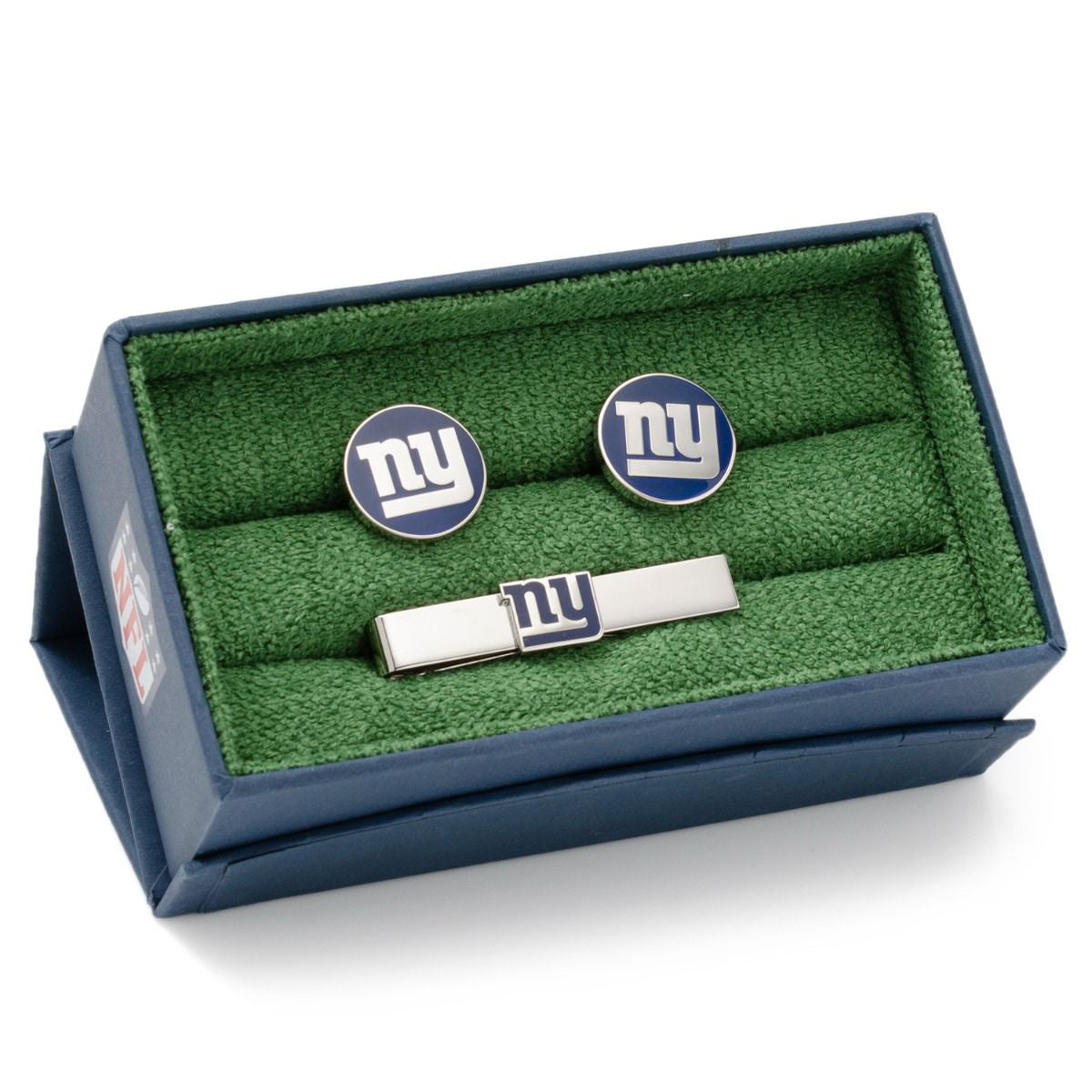 Cufflinks and tie clip set with New York Giants logo in a green and blue box