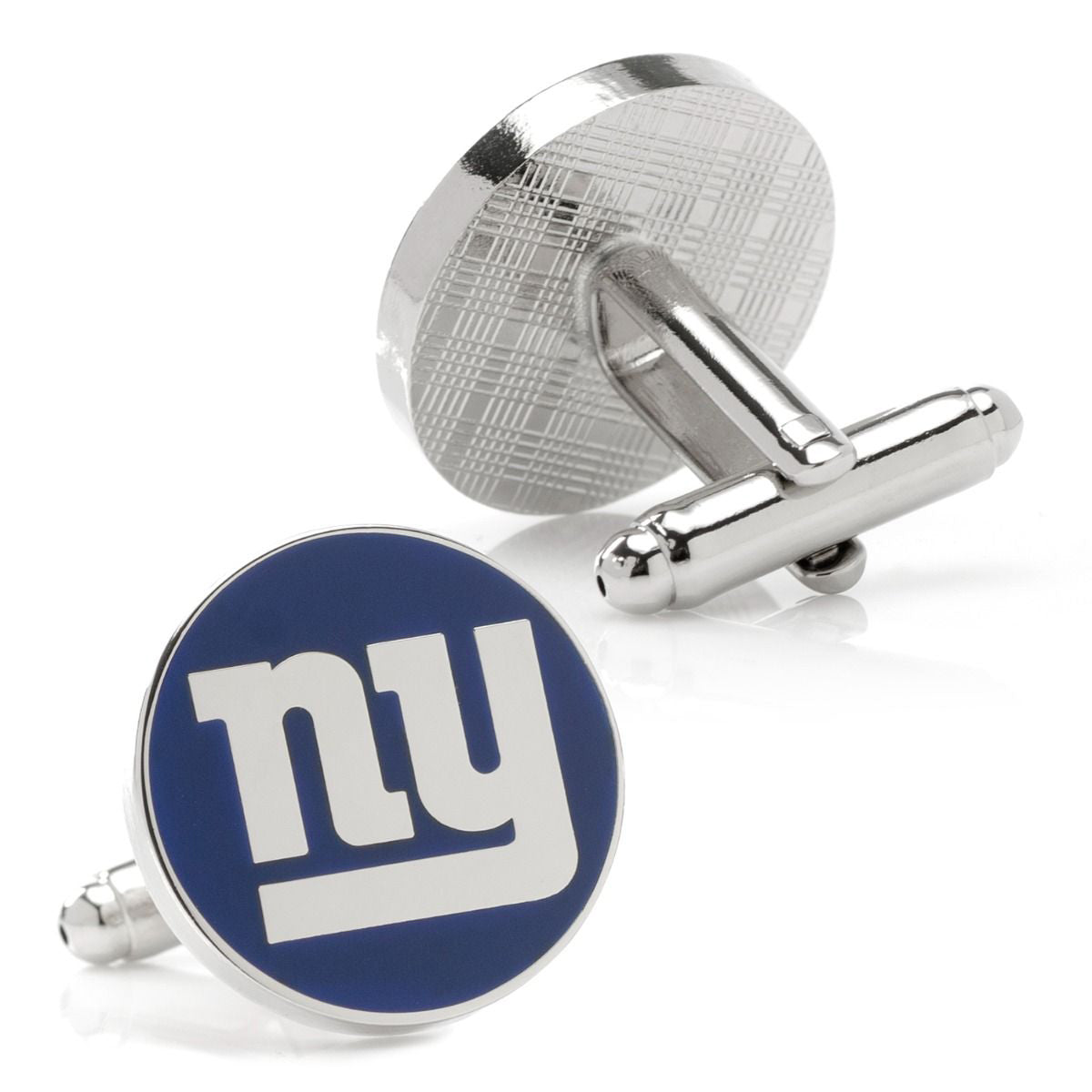 Cufflinks with a blue and silver logo on a white background
