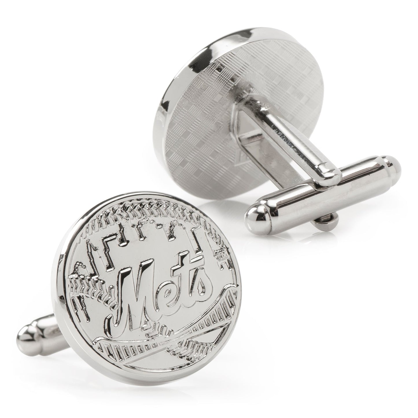 Silver Mets logo cufflinks on a white background