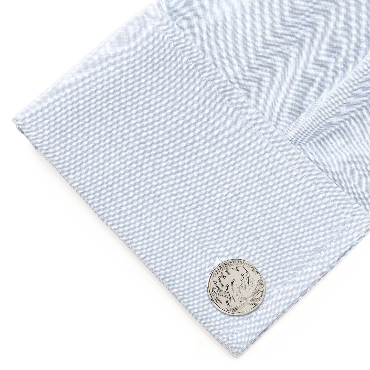 Light blue pocket square with a silver emblem on a white background