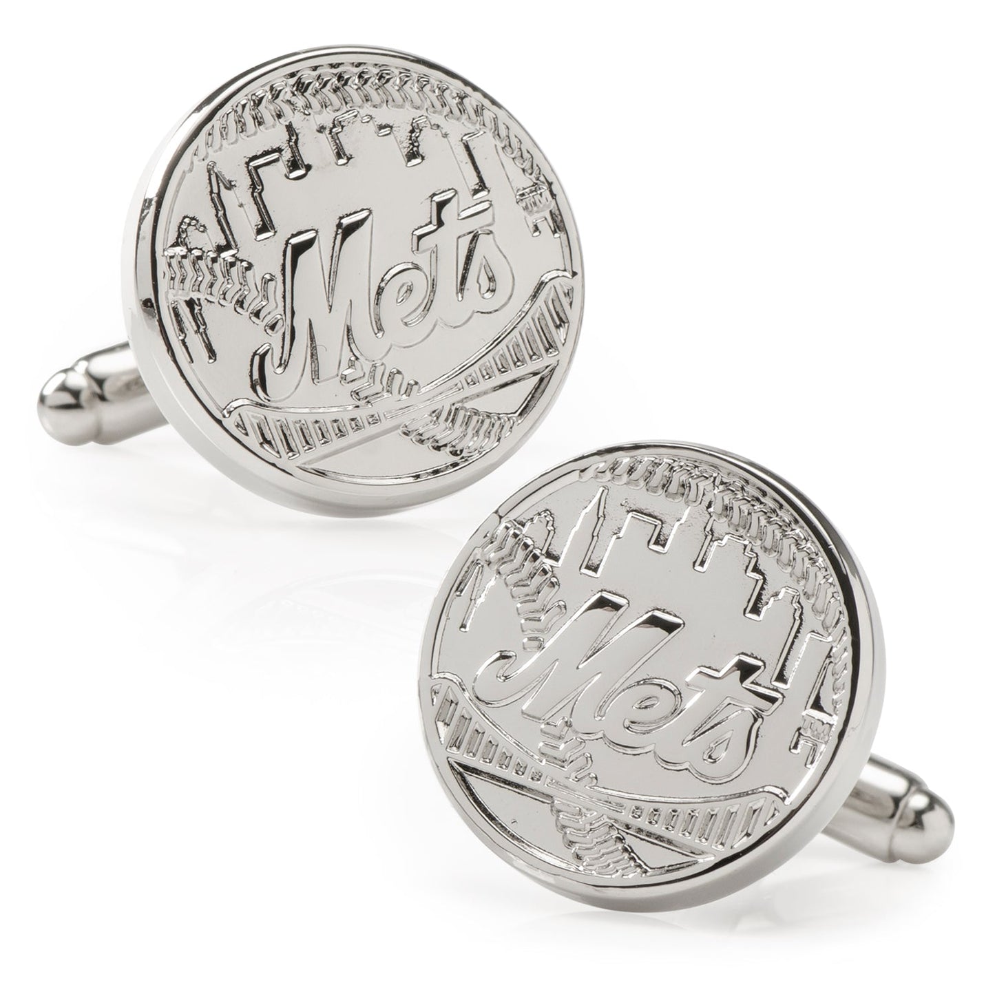 Silver Mets cufflinks on a white background