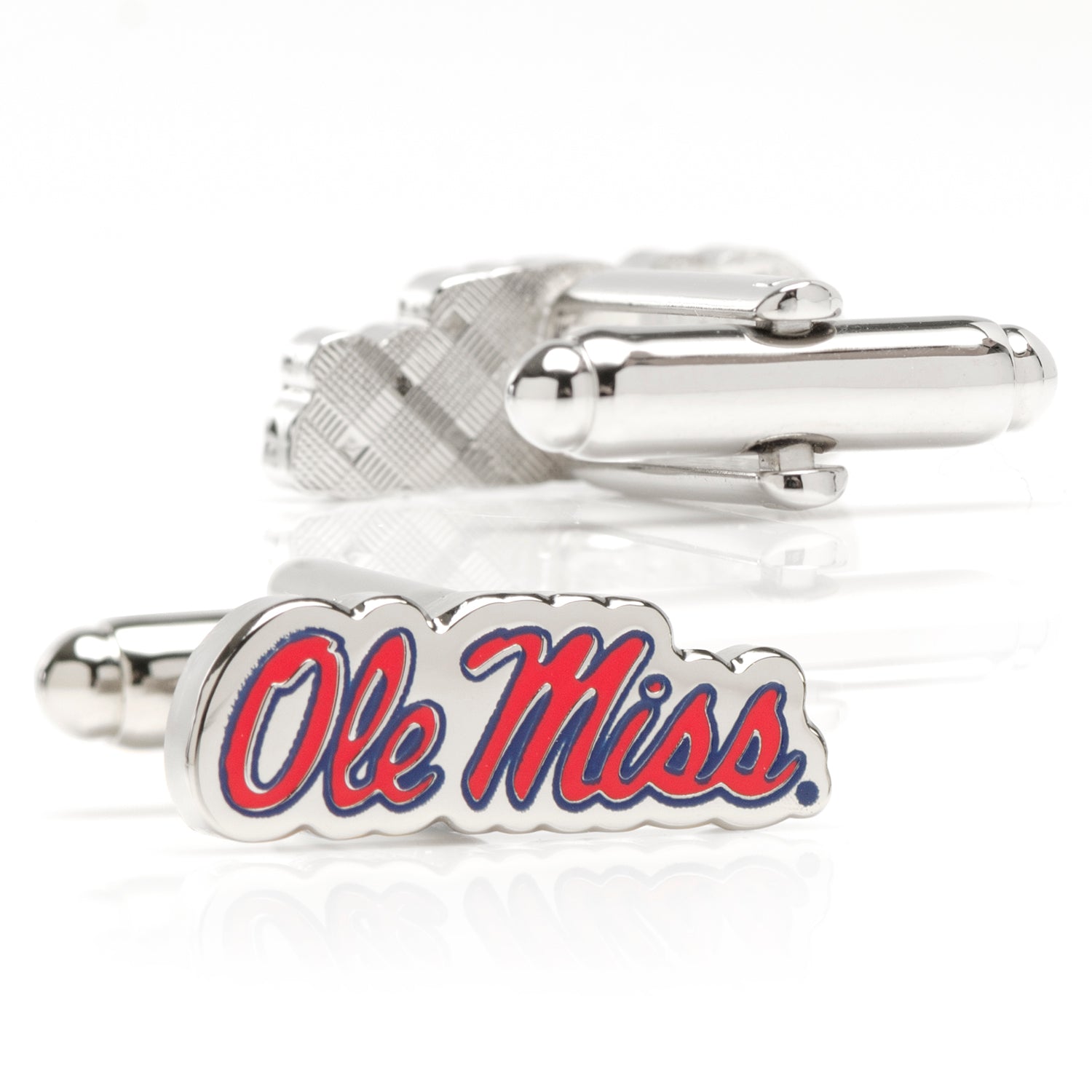 Silver cufflinks with 'Ole Miss' logo on a white background