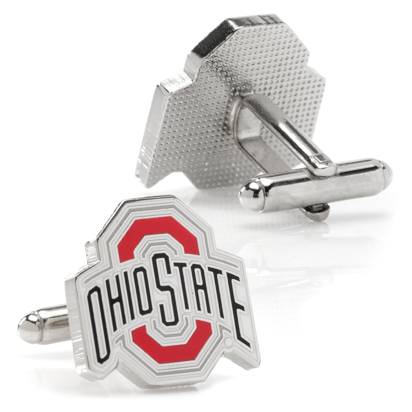 Silver cufflinks with Ohio State logo on a white background