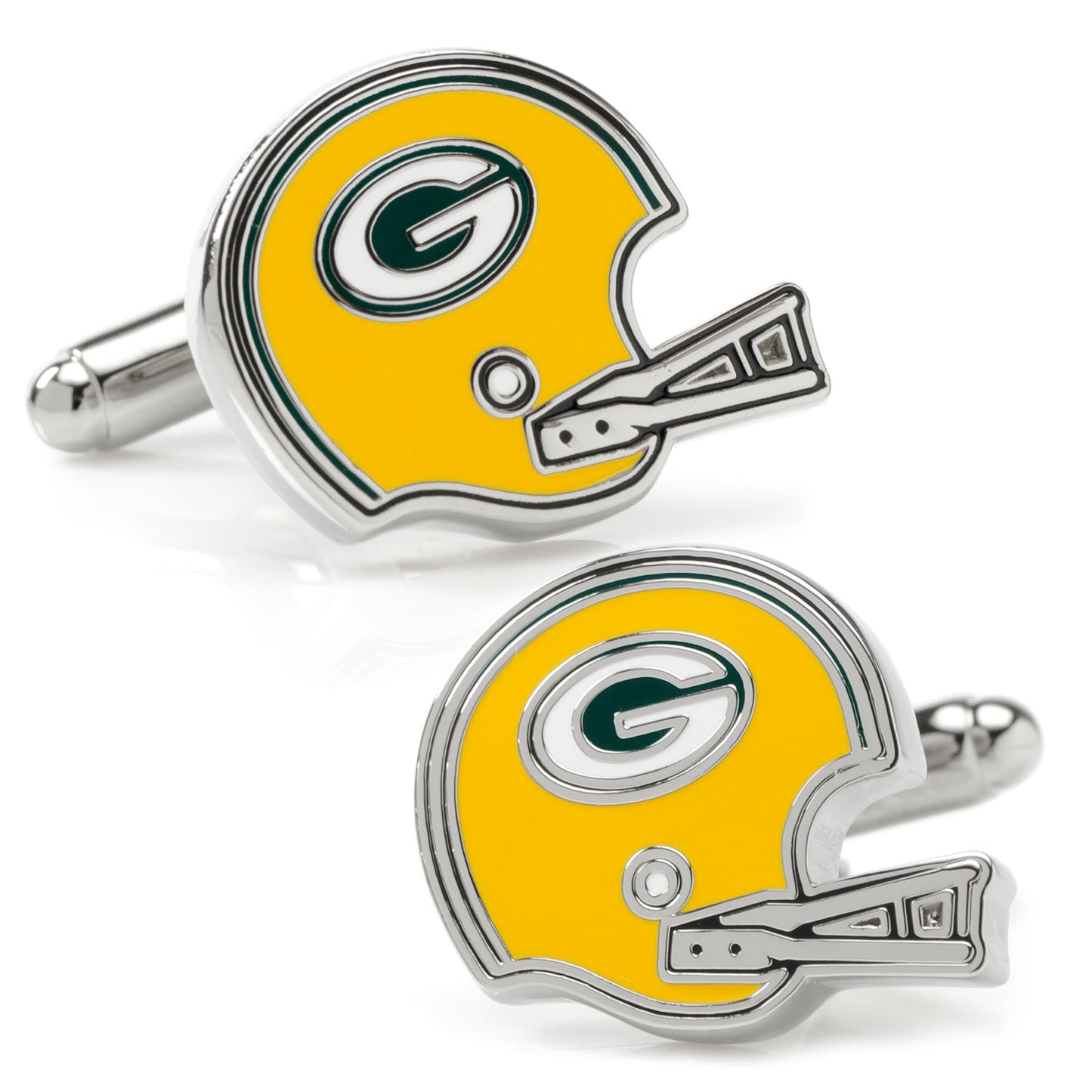 Green Bay Packers helmet-shaped cufflinks on a white background