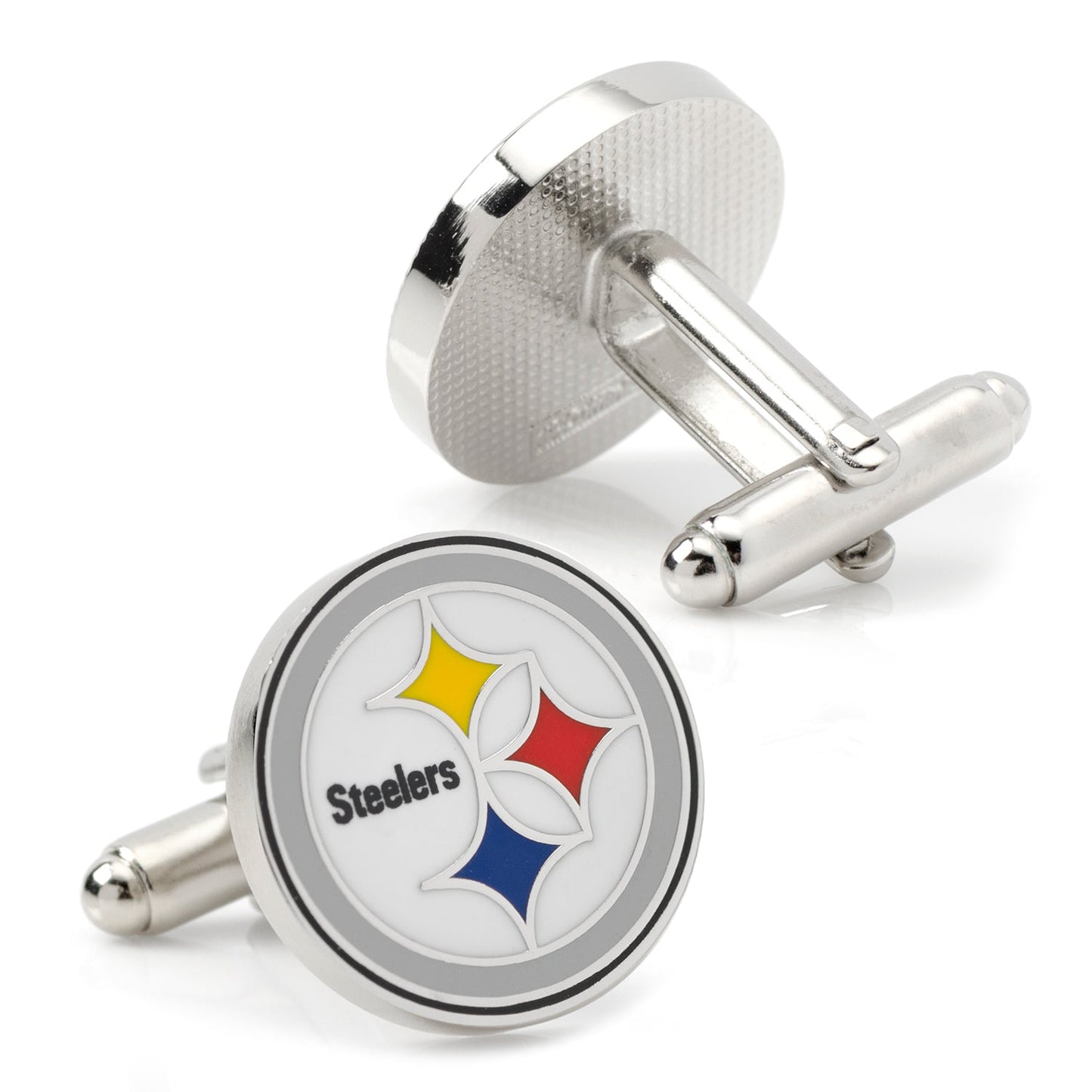 Cufflinks with Pittsburgh Steelers logo on a white background