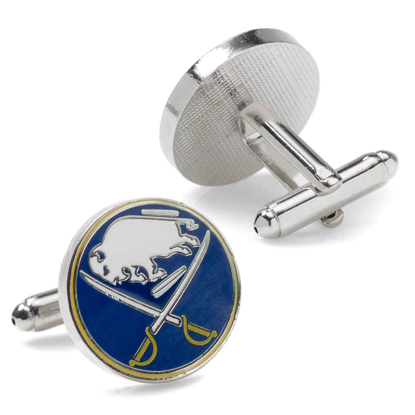 Cufflinks with a blue and silver design on a white background