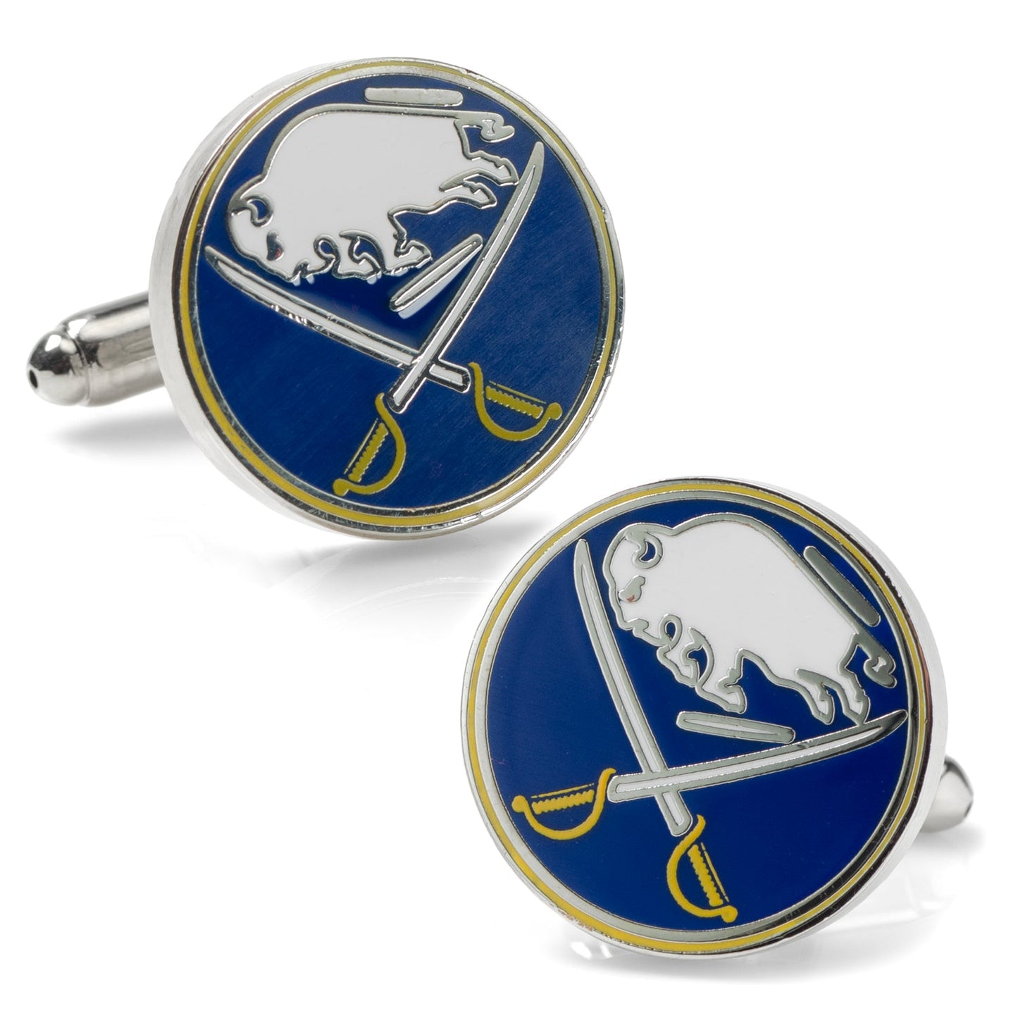 Pair of cufflinks with a blue background and silver buffalo design on a white background