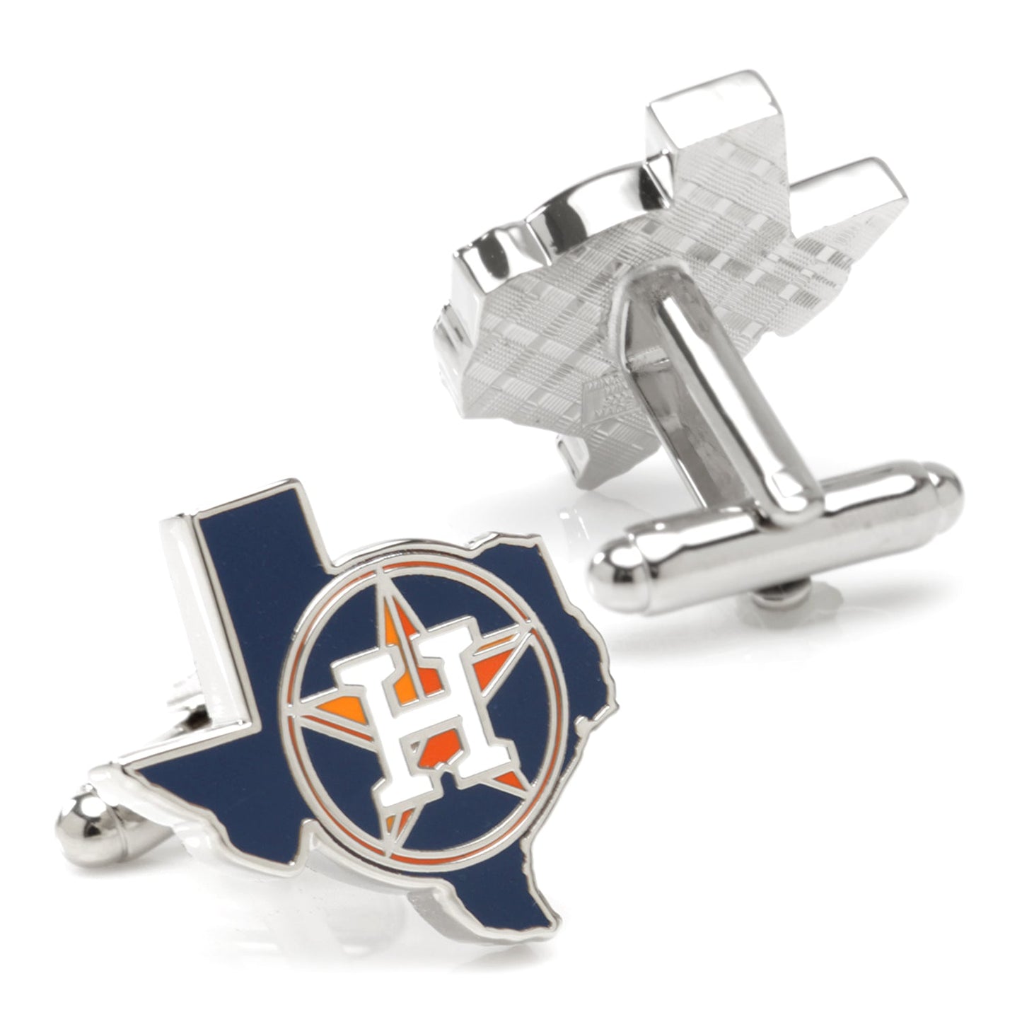 Cufflinks with a logo of a star and 'H' on a blue background, resembling the Houston Astros team emblem.