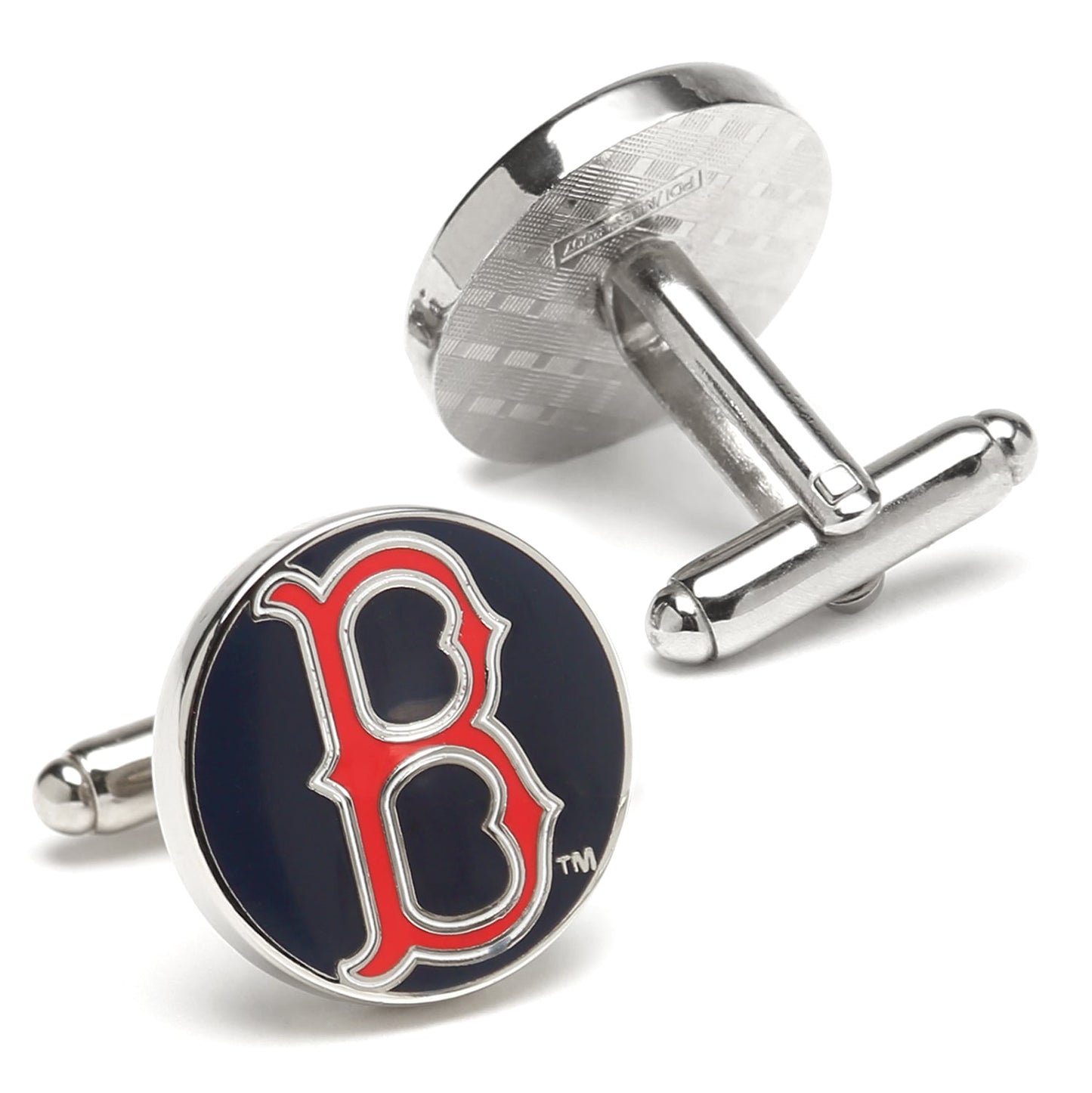 Cufflinks with a red and blue logo on a white background