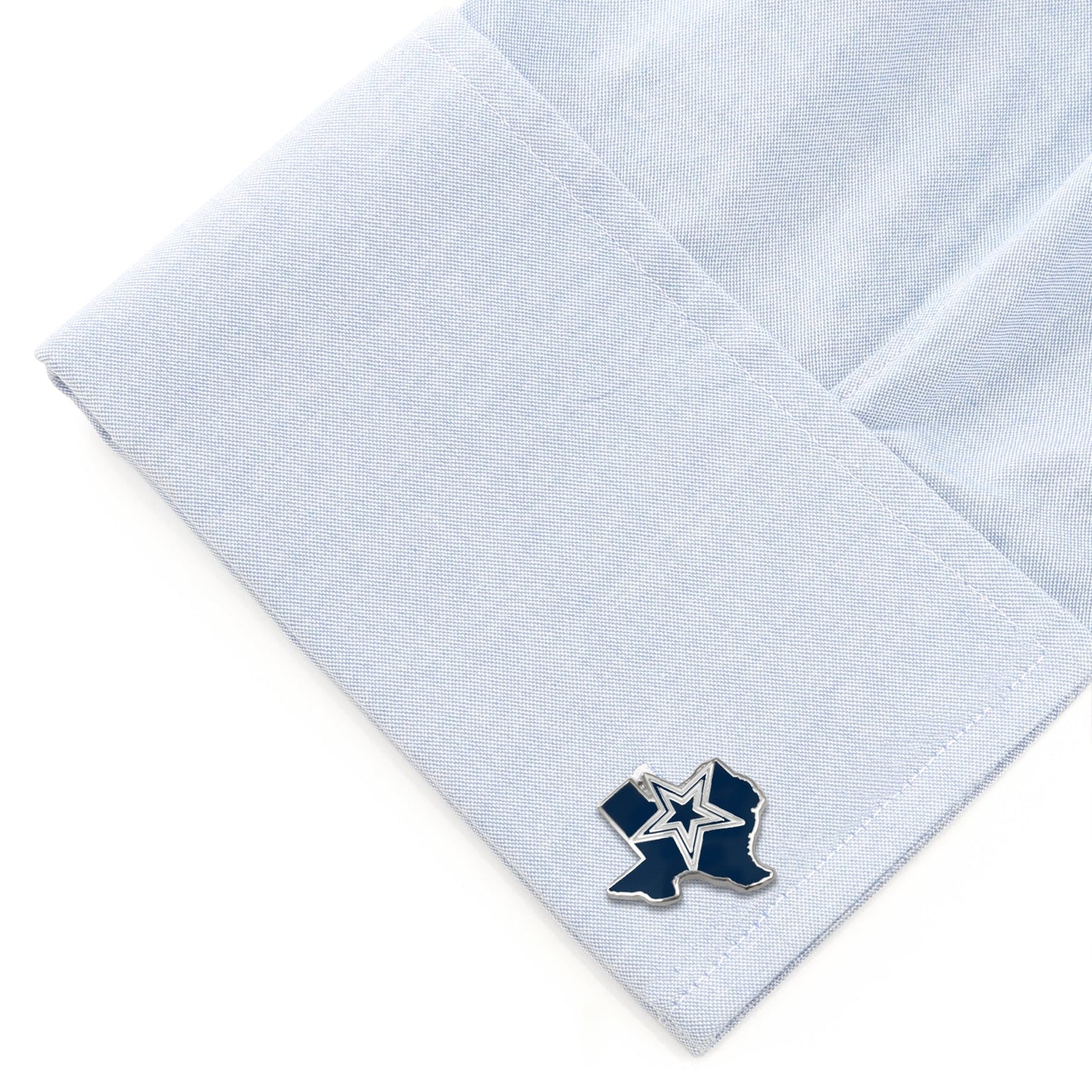 Cufflinks with a star design on a light blue pocket square NFL Dallas Cowboys State Shaped Cufflinks