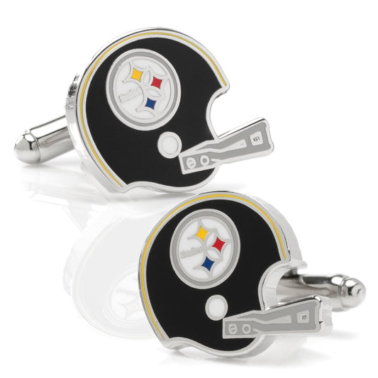 Pittsburgh Steelers helmet-shaped cufflinks on a white background