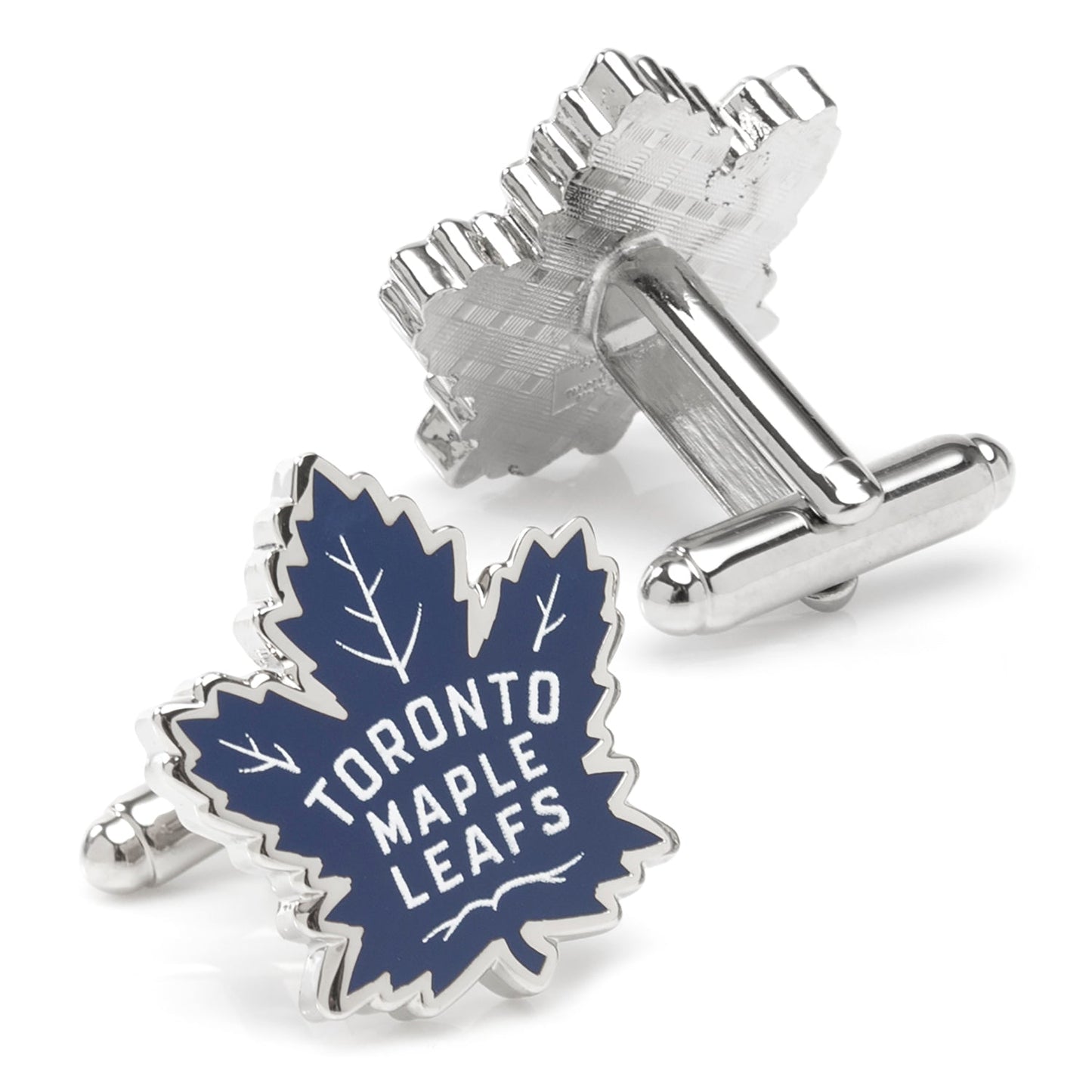 Toronto Maple Leafs cufflinks with blue leaf design on a white background